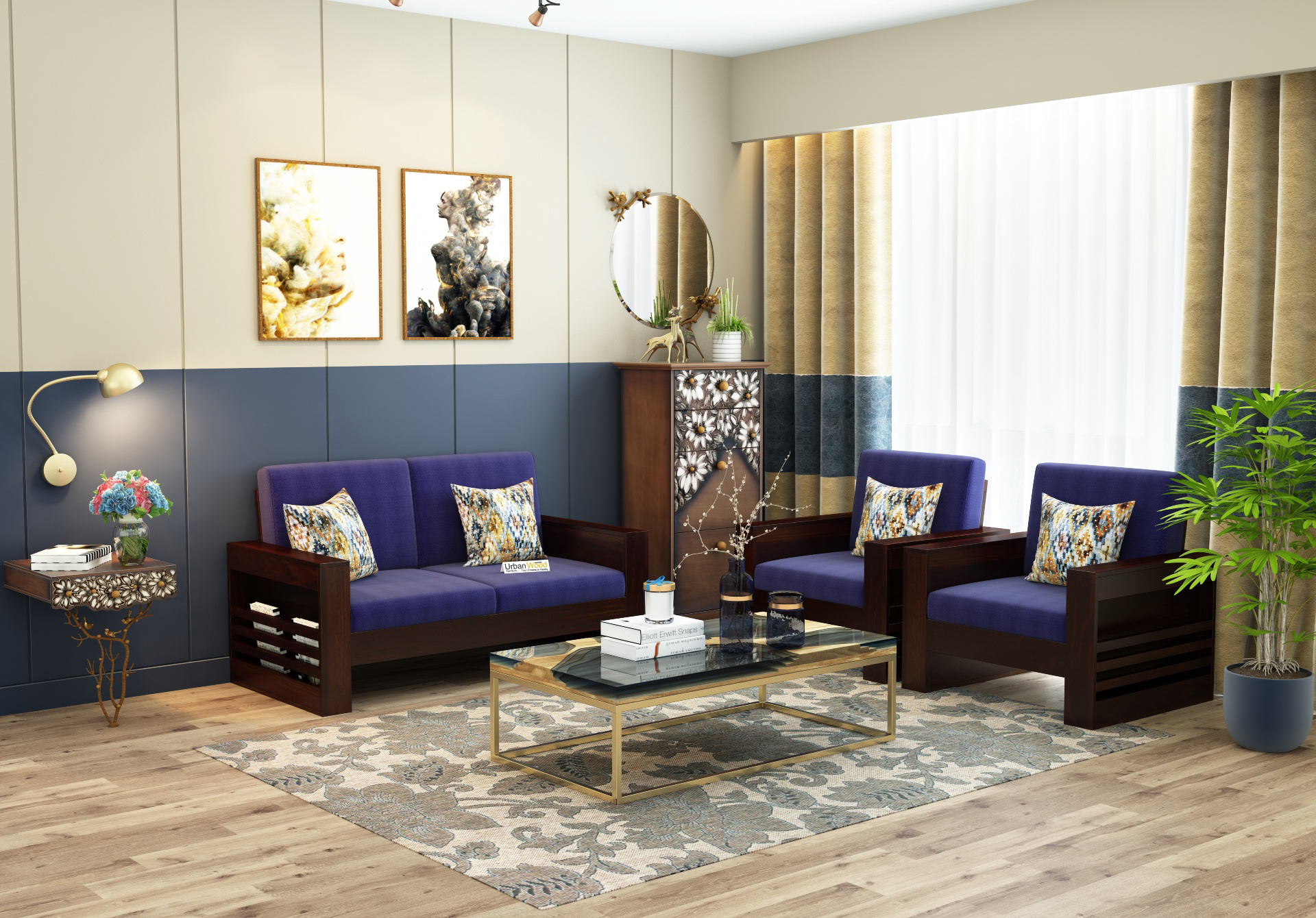 Modway Wooden Sofa Set 2+1+1 Seater ( Walnut Finish)