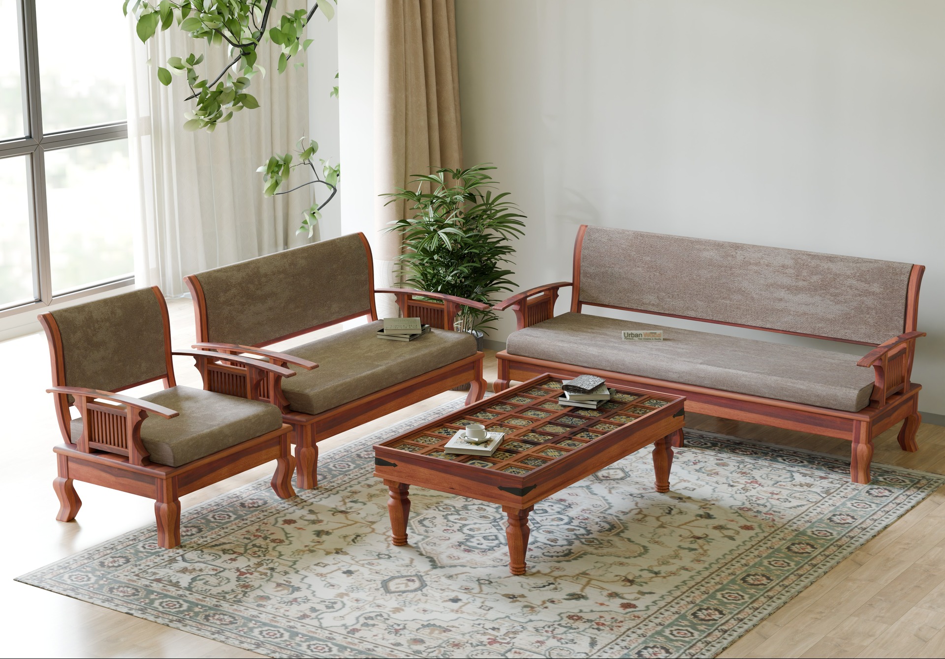 Teak-finish wooden sofa set