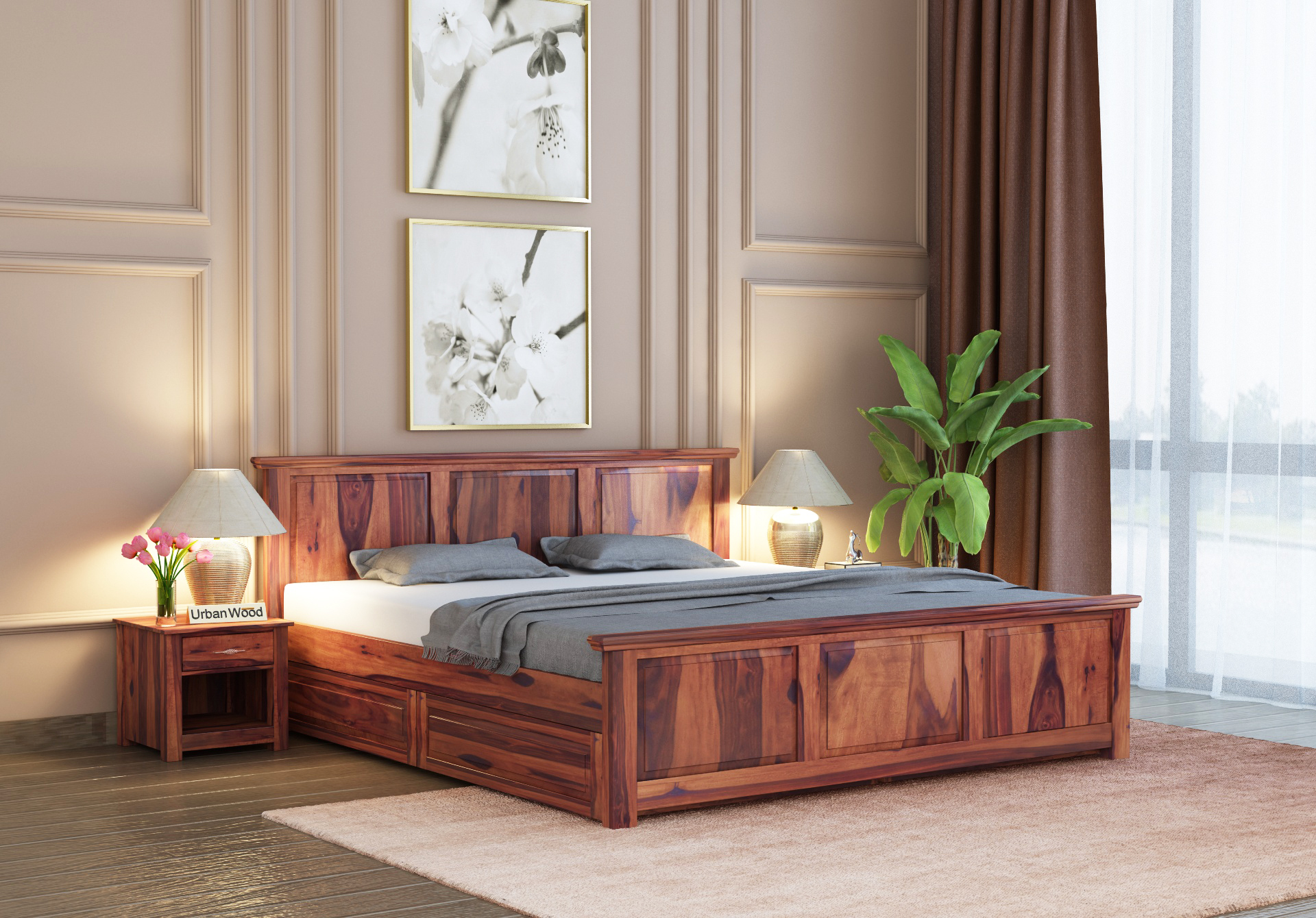 Babson Bed With Storage <small>( Queen Size, Teak Finish )</small>