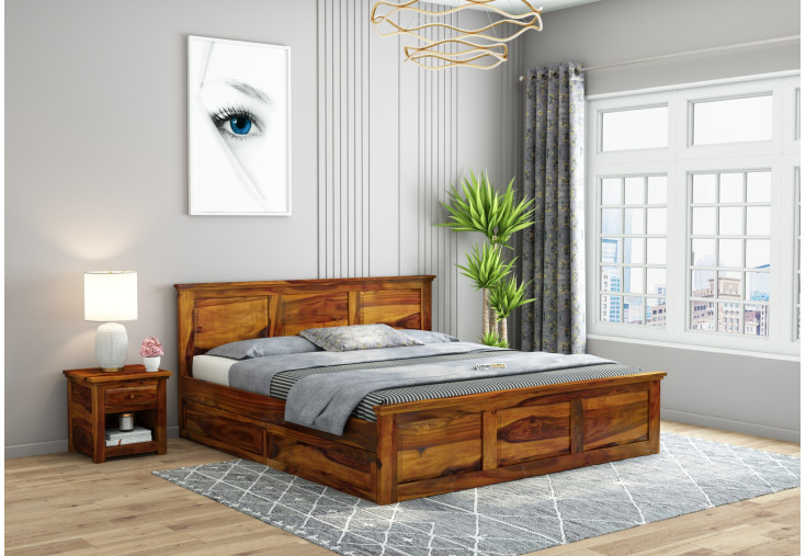 Babson Bed With Drawer Storage ( King Size, Honey Finish )