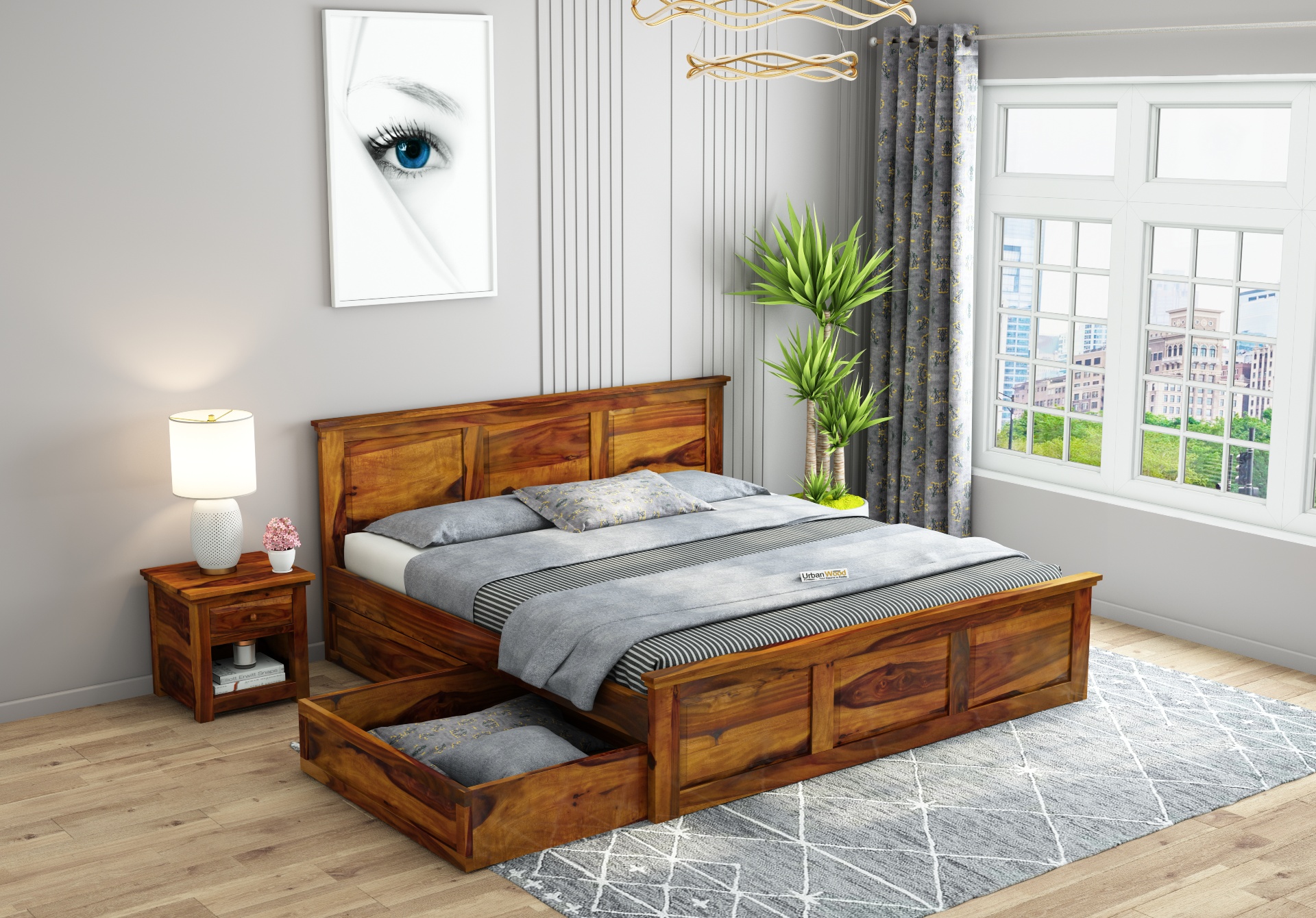 Babson Bed With Drawer Storage ( King Size, Honey Finish )