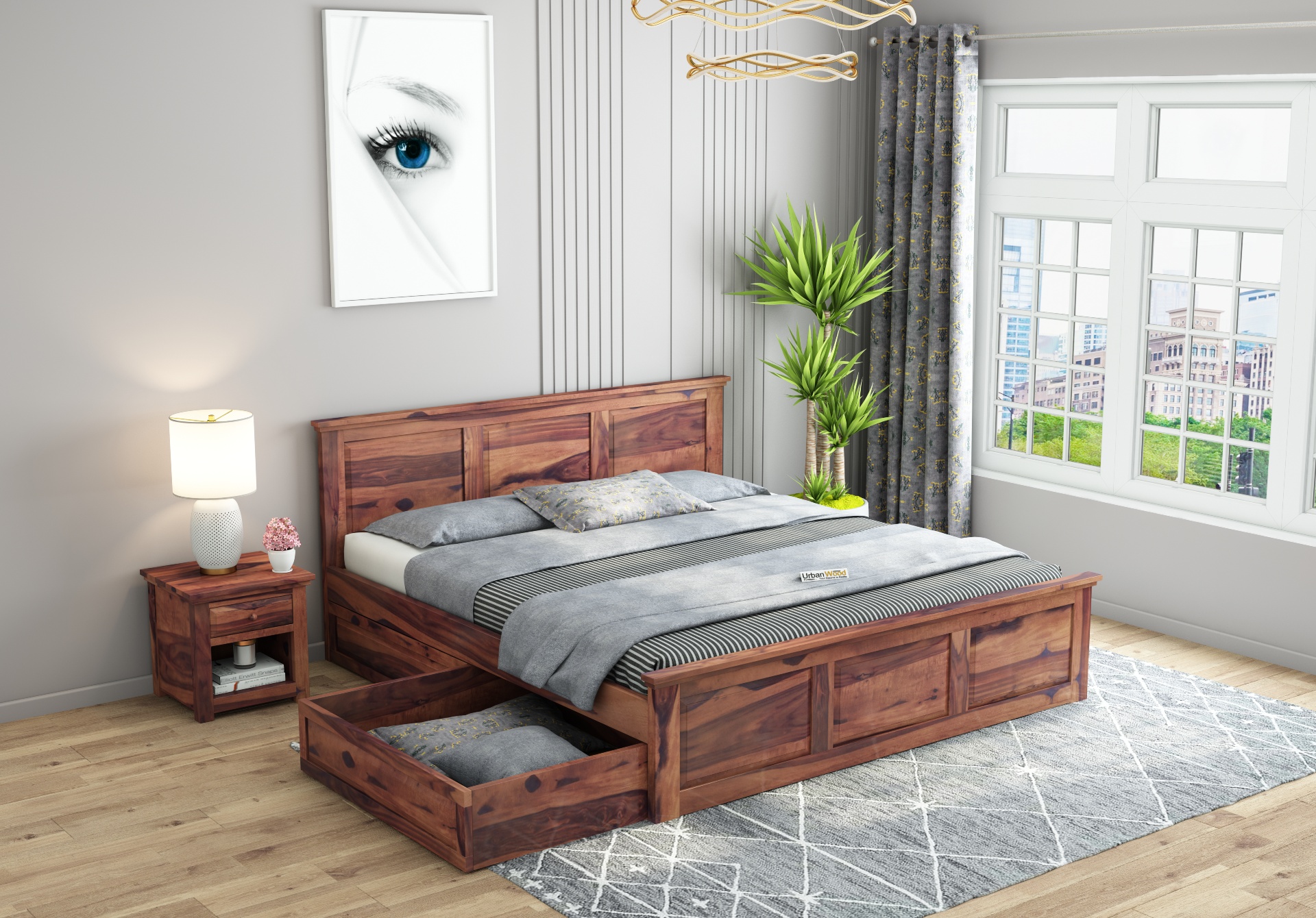 Babson Bed With Drawer Storage ( King Size, Teak Finish )