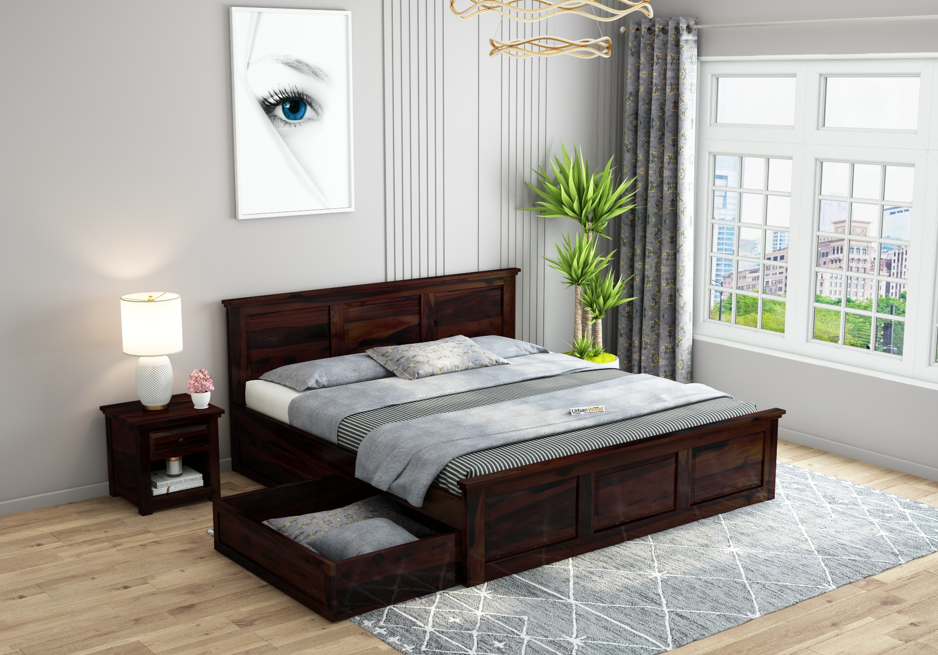Babson Bed With Drawer Storage ( King Size, Walnut Finish )