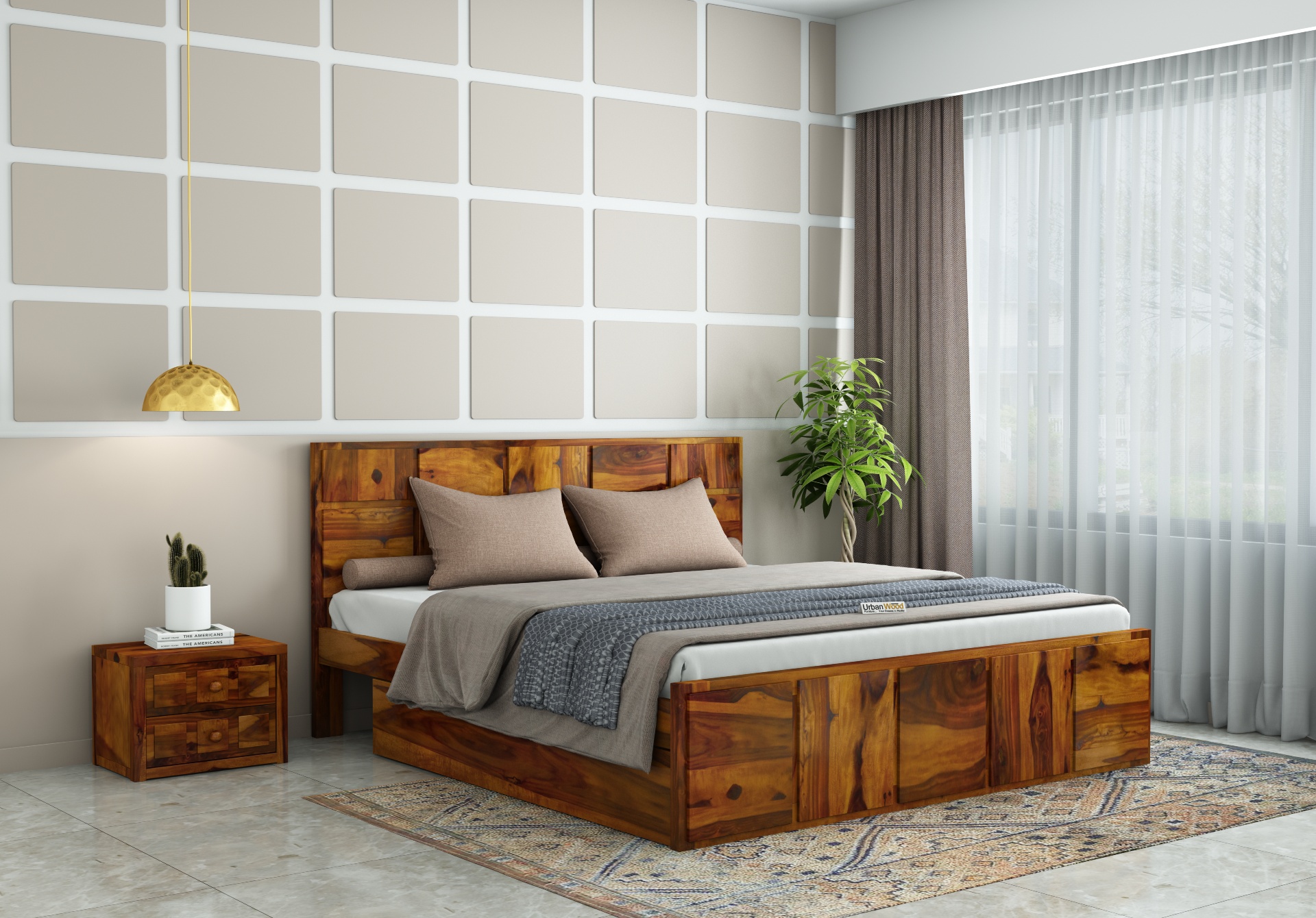 Bedswind Drawer Storage Bed (King Size, Honey Finish)