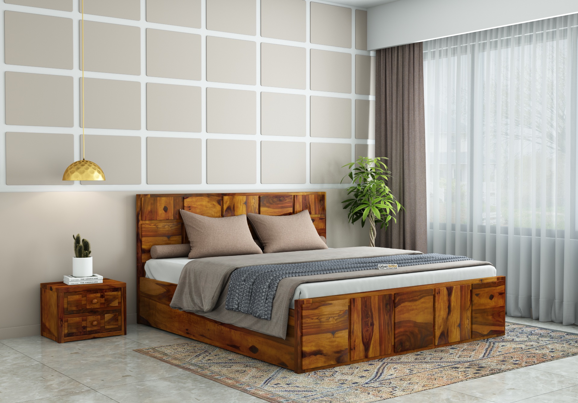 Bedswind Hydraulic Storage Bed (King Size, Honey Finish)