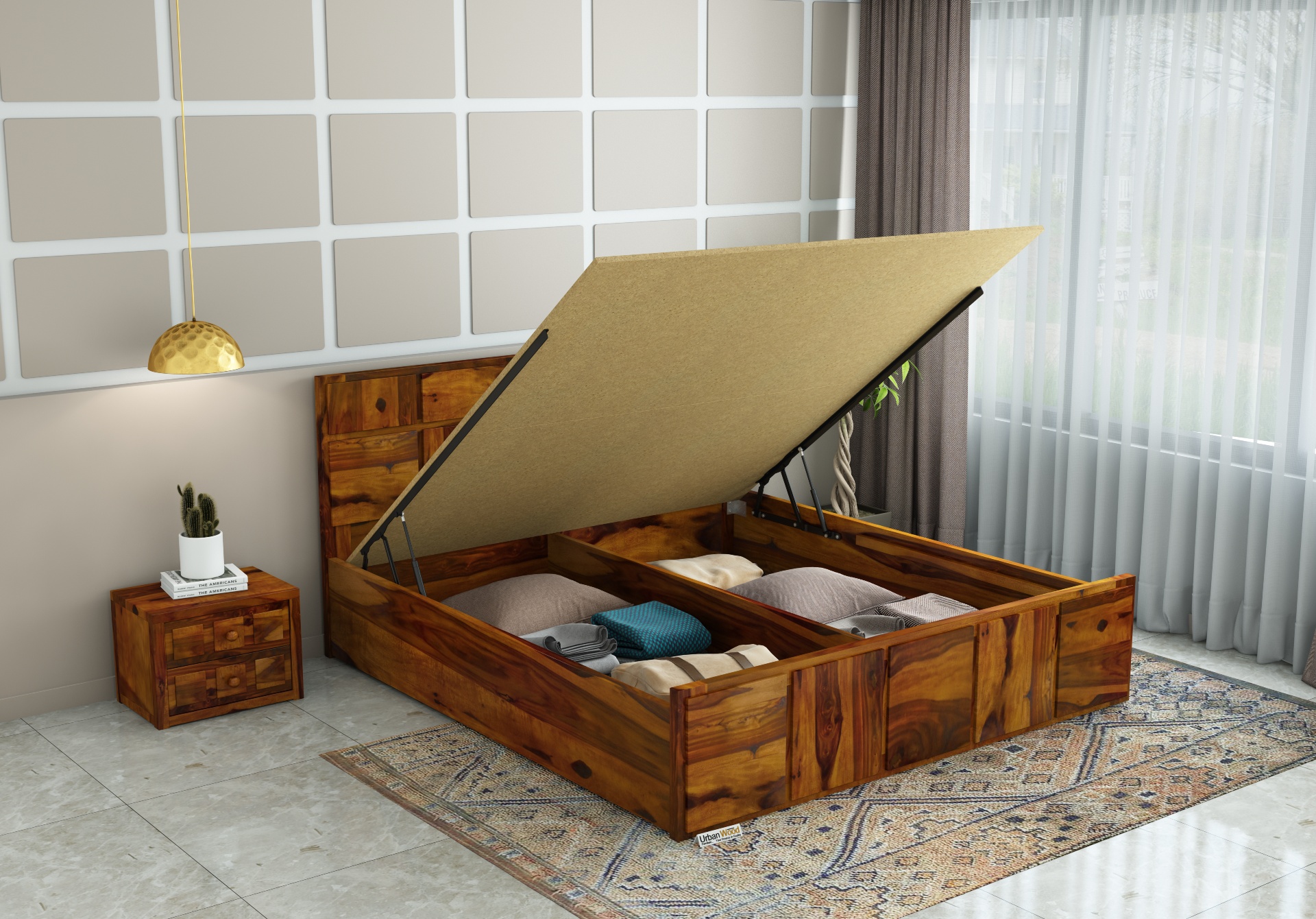 Bedswind Hydraulic Storage Bed (Queen Size, Honey Finish)
