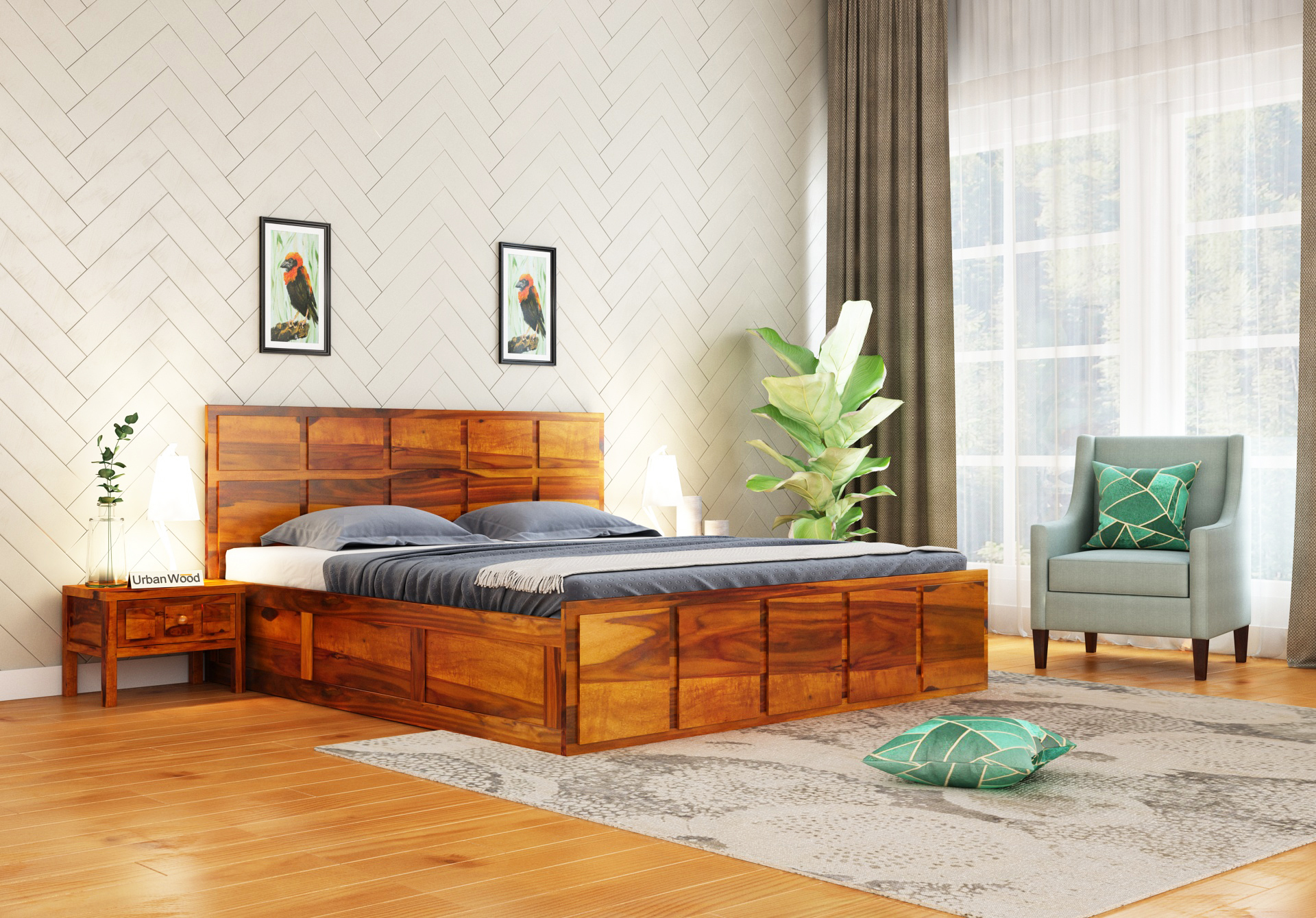 Bedswind Bed With Storage ( King Size, Honey Finish )