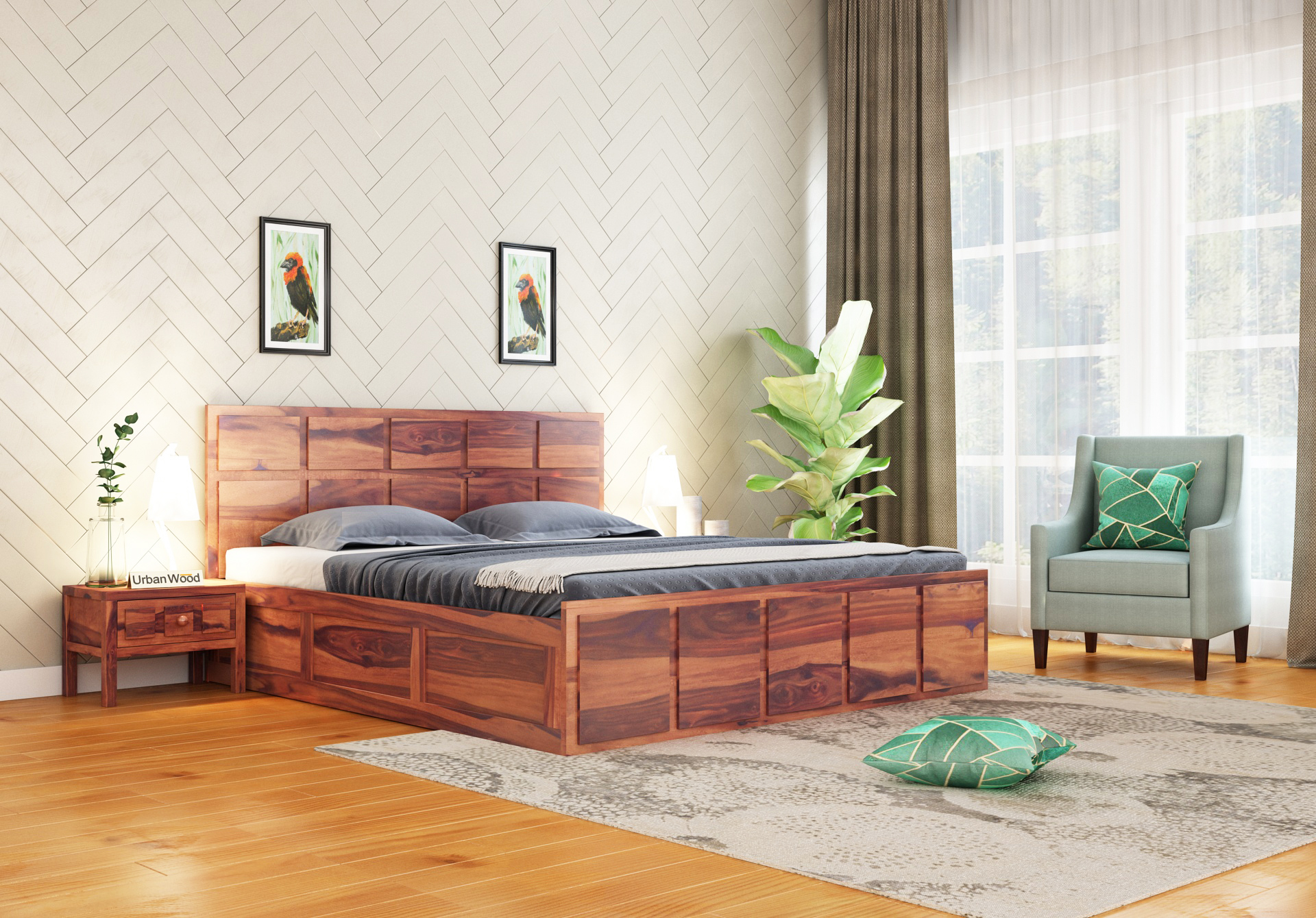 Bedswind Bed With Storage <small>( Queen Size, Teak Finish )</small>