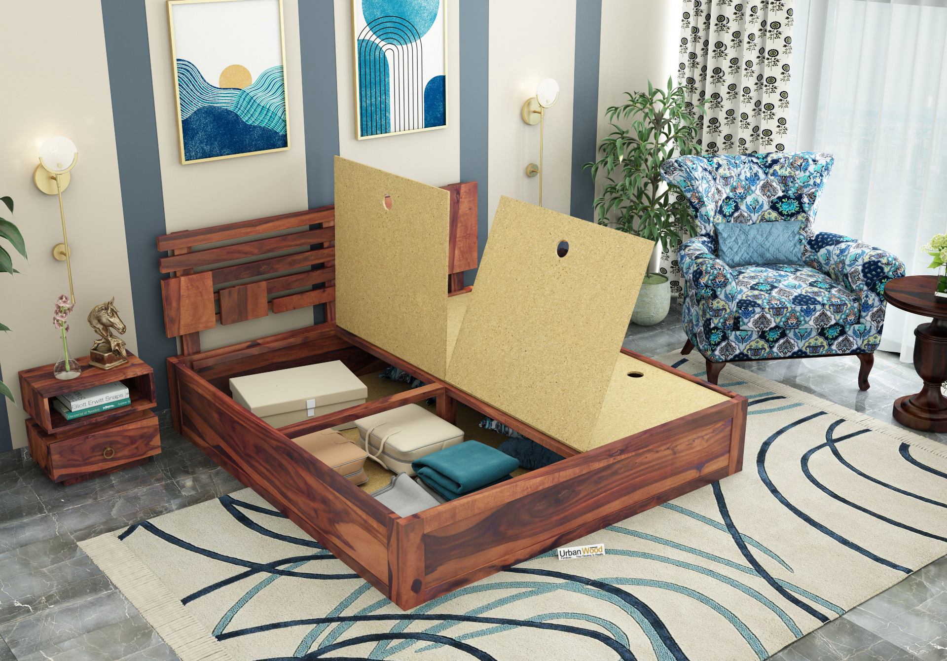 Berlin Wooden Bed With Box Storage <small>(King Size, Teak Finish)</small>