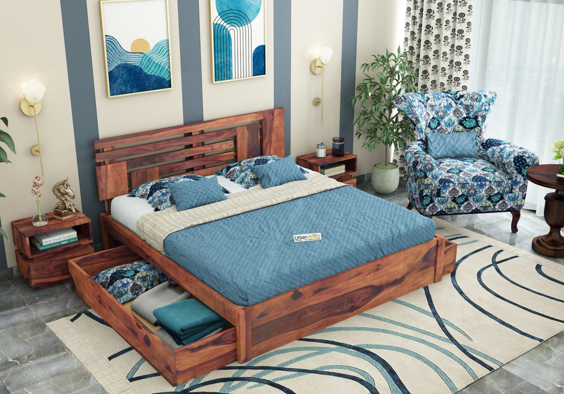 Berlin Wooden Bed With Drawer Storage <small>(King Size, Teak Finish)</small>
