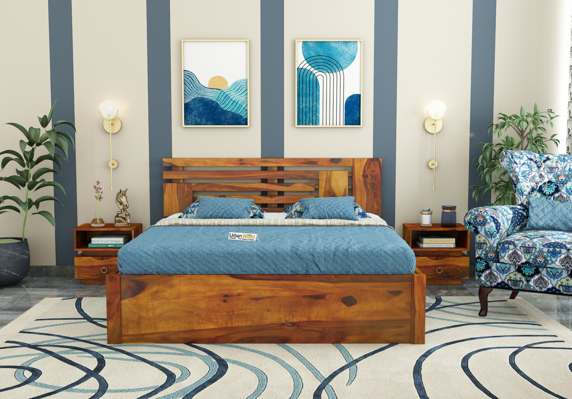 Berlin Wooden Hydraulic Bed  (King Size, Honey Finish)