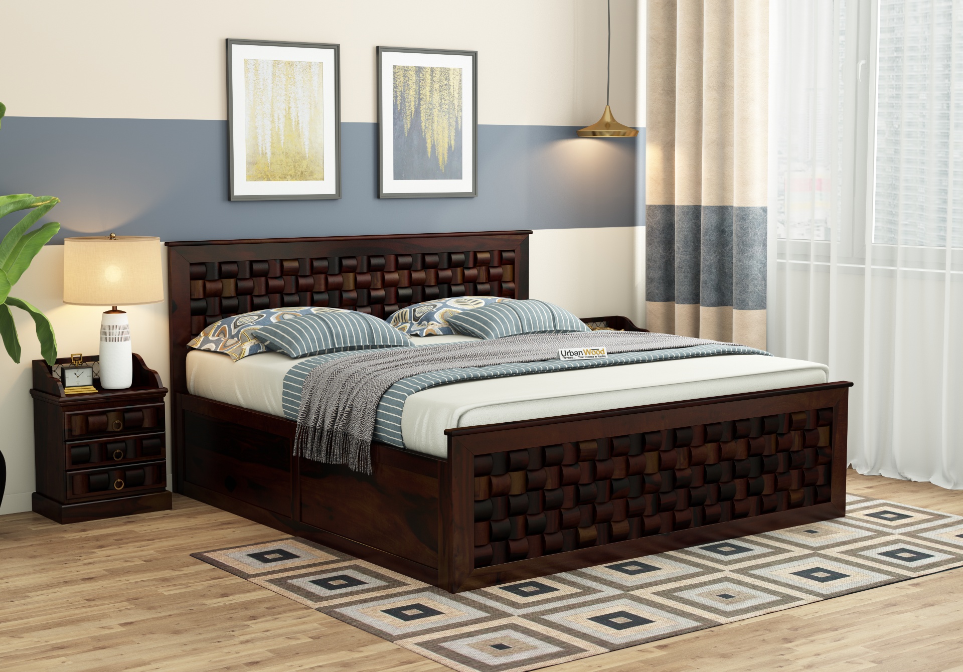 Hover Bed with Box Storage ( King Size, Walnut Finish )