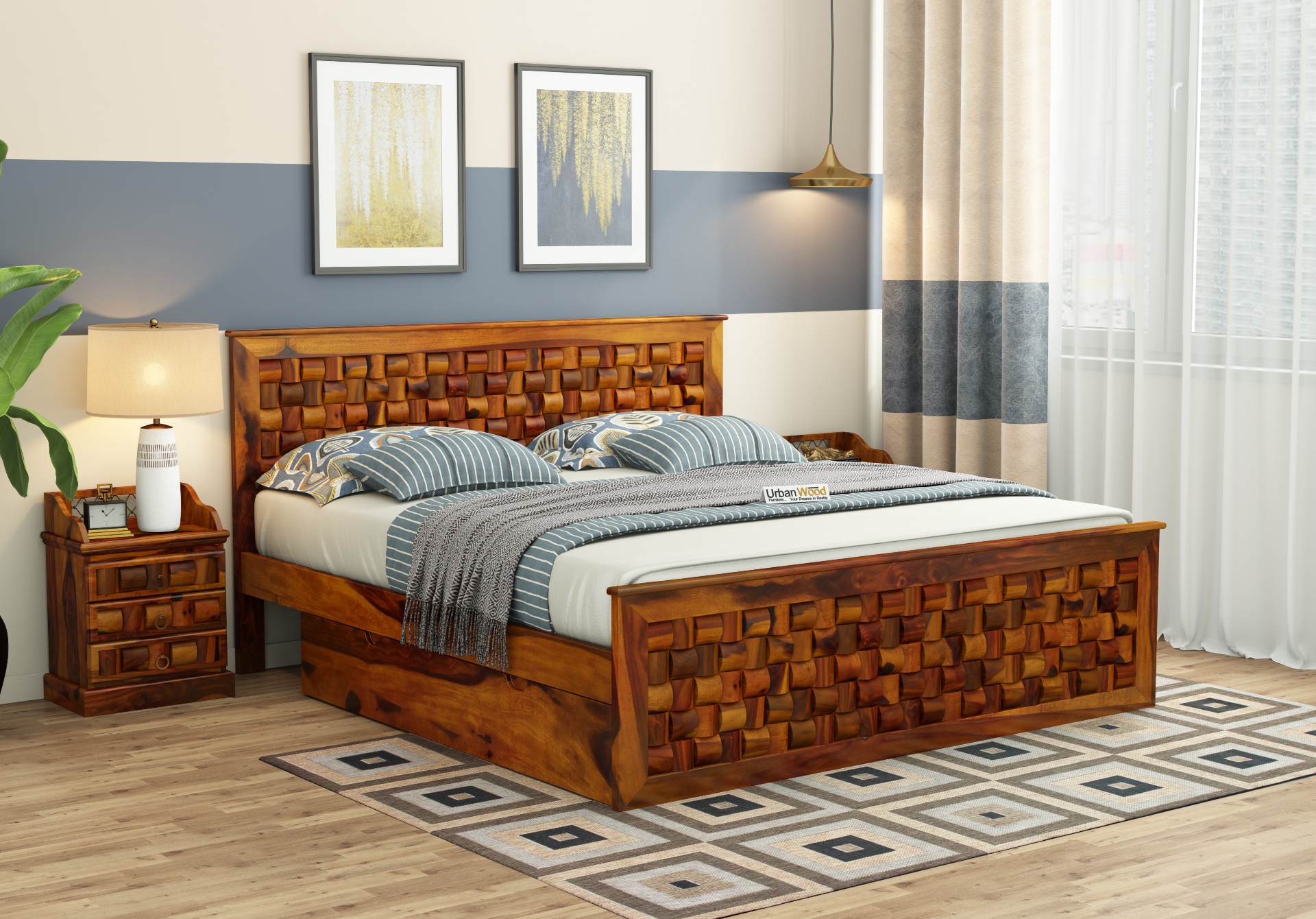 Hover Bed with Drawer Storage ( Queen Size, Honey Finish )
