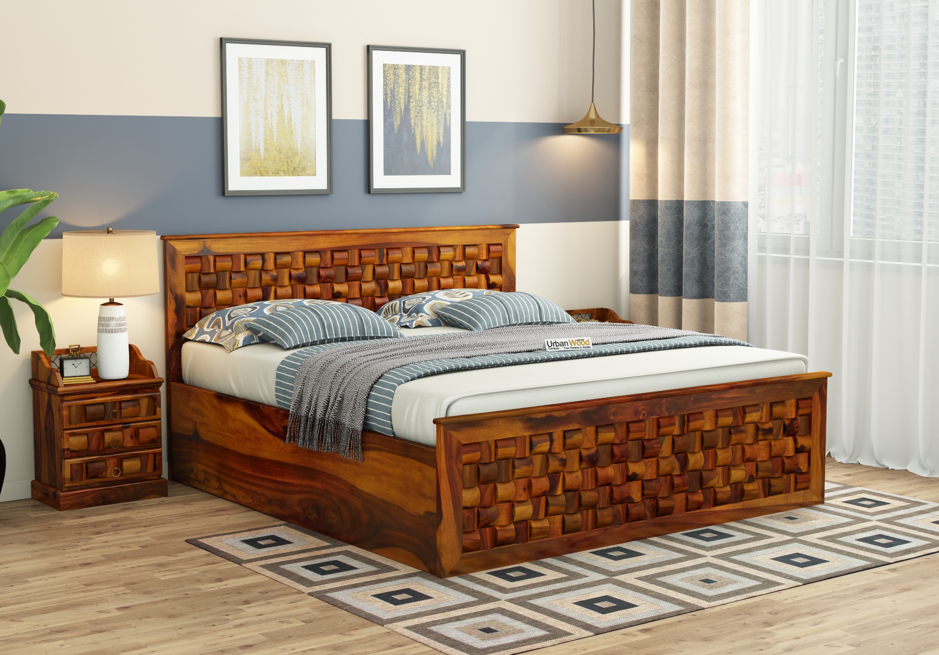 Hover Bed with Hydraulic Storage ( Queen Size, Honey Finish )