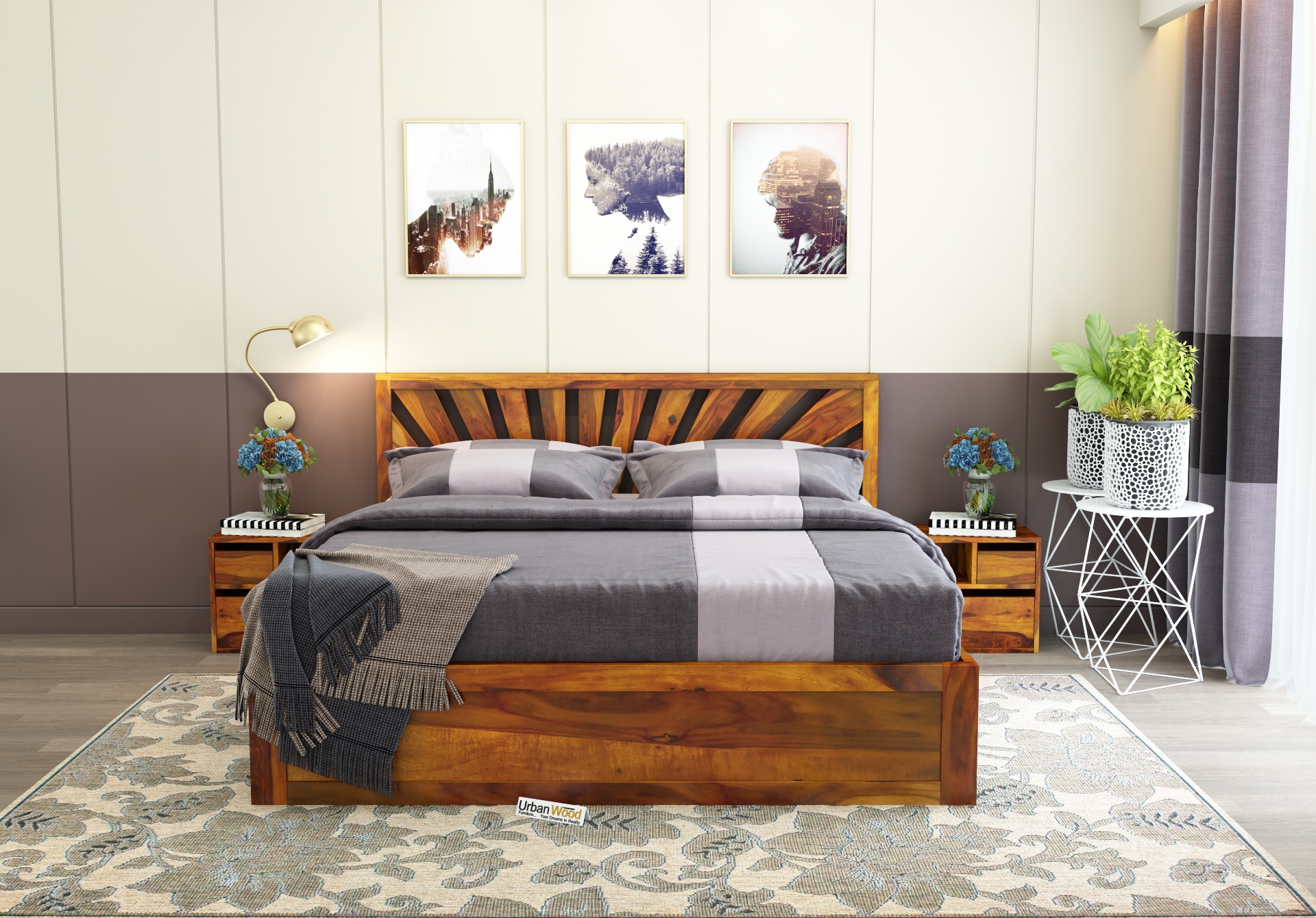 Jerry Wooden Bed With Box Storage King Size ( Honey Finish )