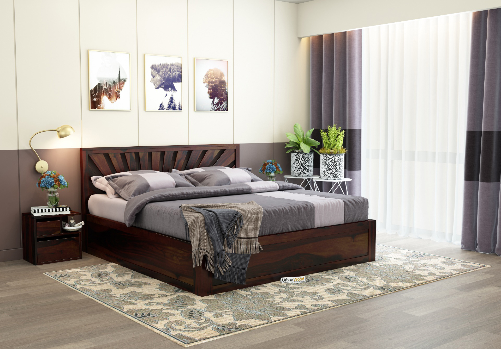 Jerry Wooden Bed With Box Storage King Size ( Walnut Finish )