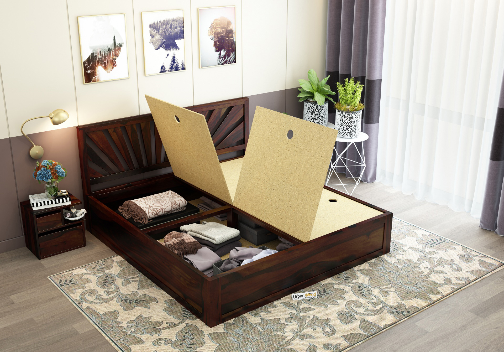 Jerry Wooden Bed With Box Storage Queen Size ( Walnut Finish )