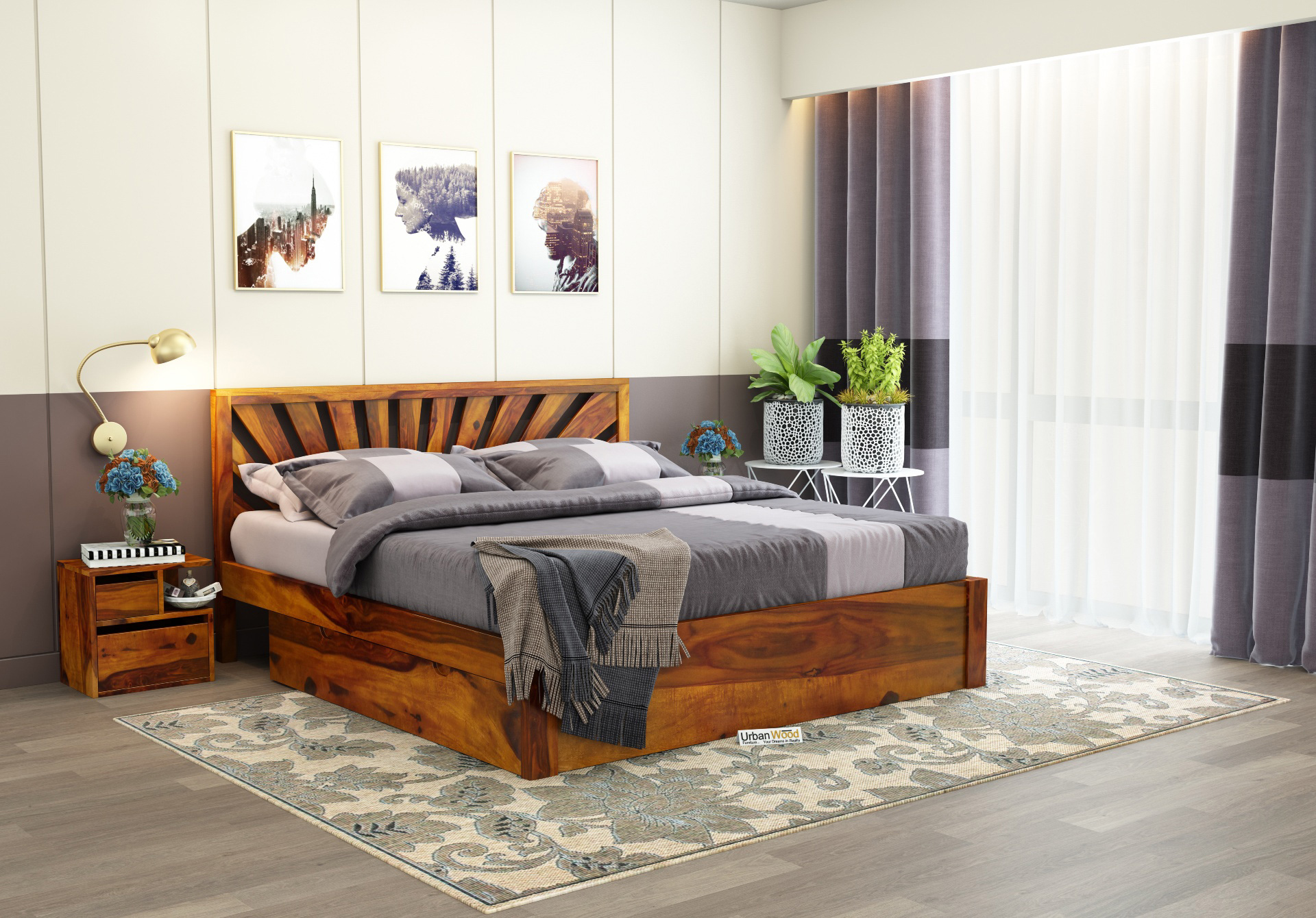 Jerry Wooden Bed With Drawer Storage Queen Size (Honey Finish)