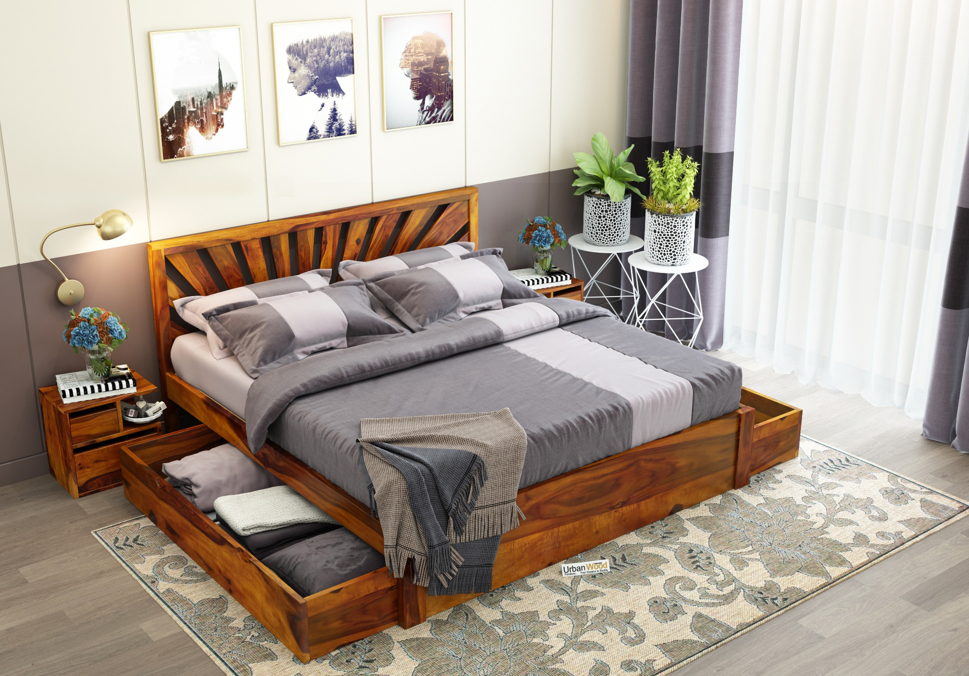 Jerry Wooden Bed With Drawer Storage Queen Size <small>(Honey Finish)</small>