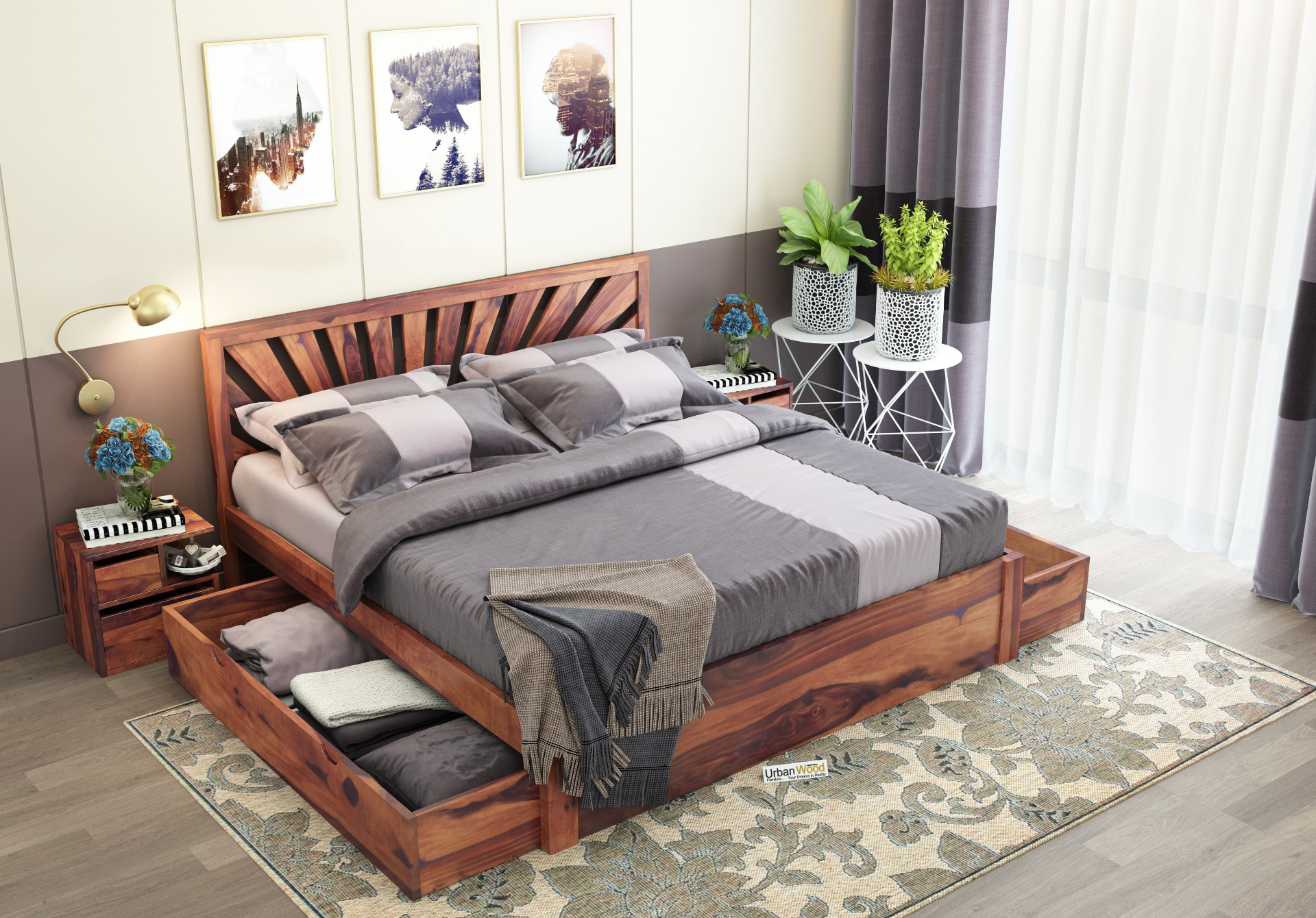 Jerry Wooden Bed With Drawer Storage Queen Size <small>(Teak Finish)</small>