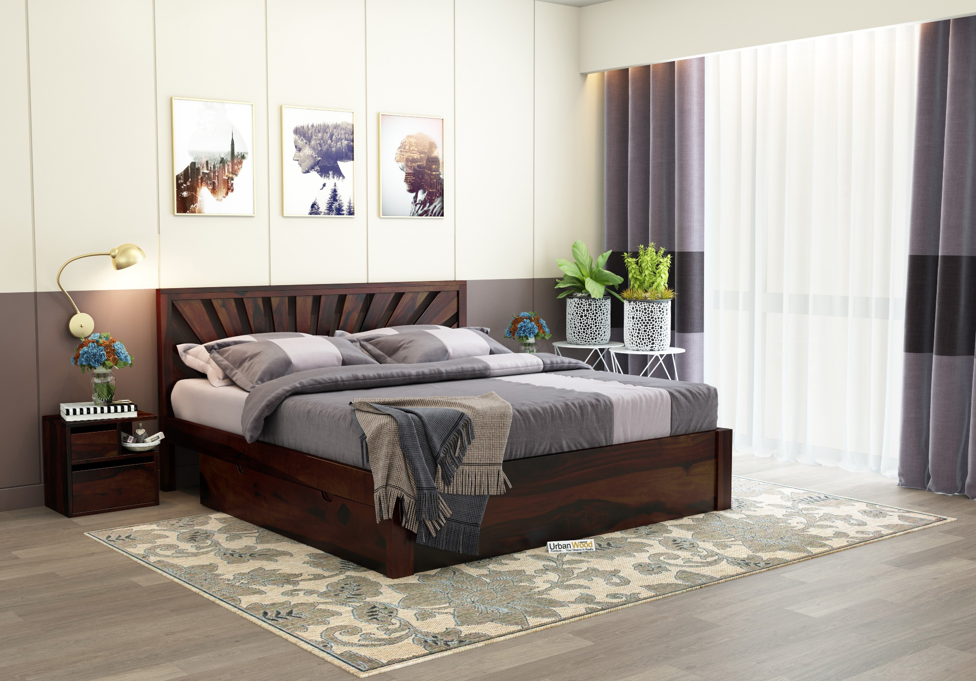 Jerry Wooden Bed With Drawer Storage King Size (Walnut Finish)