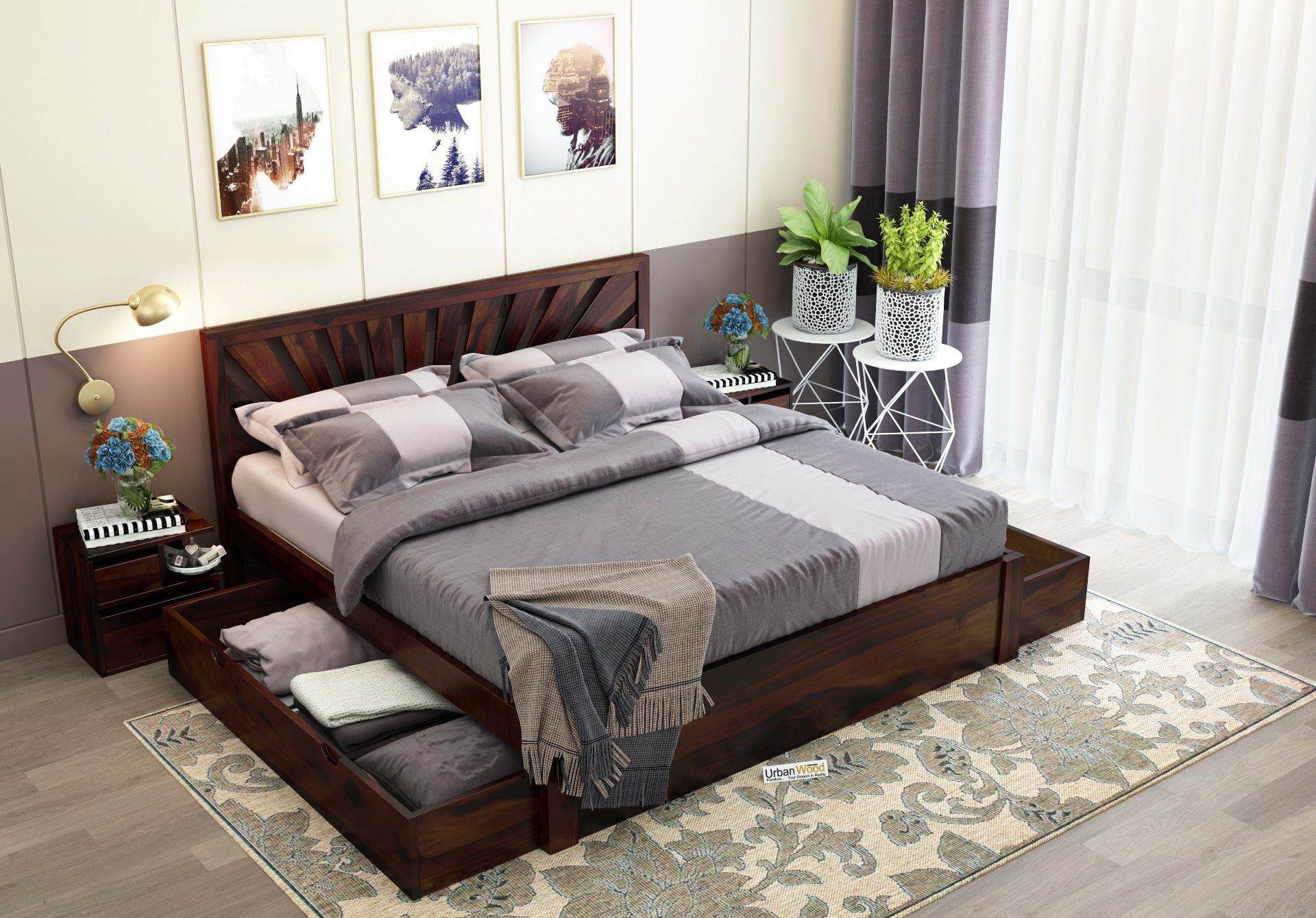 Jerry Wooden Bed With Drawer Storage Queen Size <small>(Walnut Finish)</small>