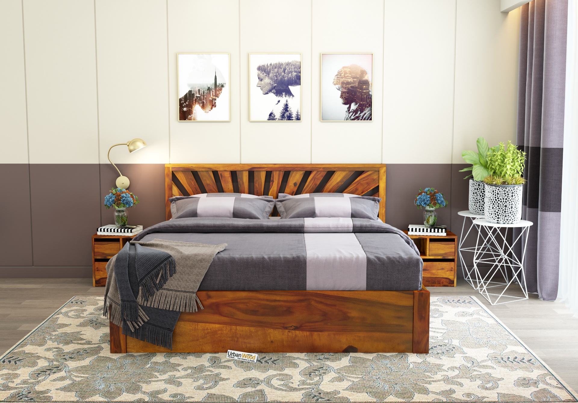 Jerry Wooden Hydraulic Bed Queen Size (Honey Finish)