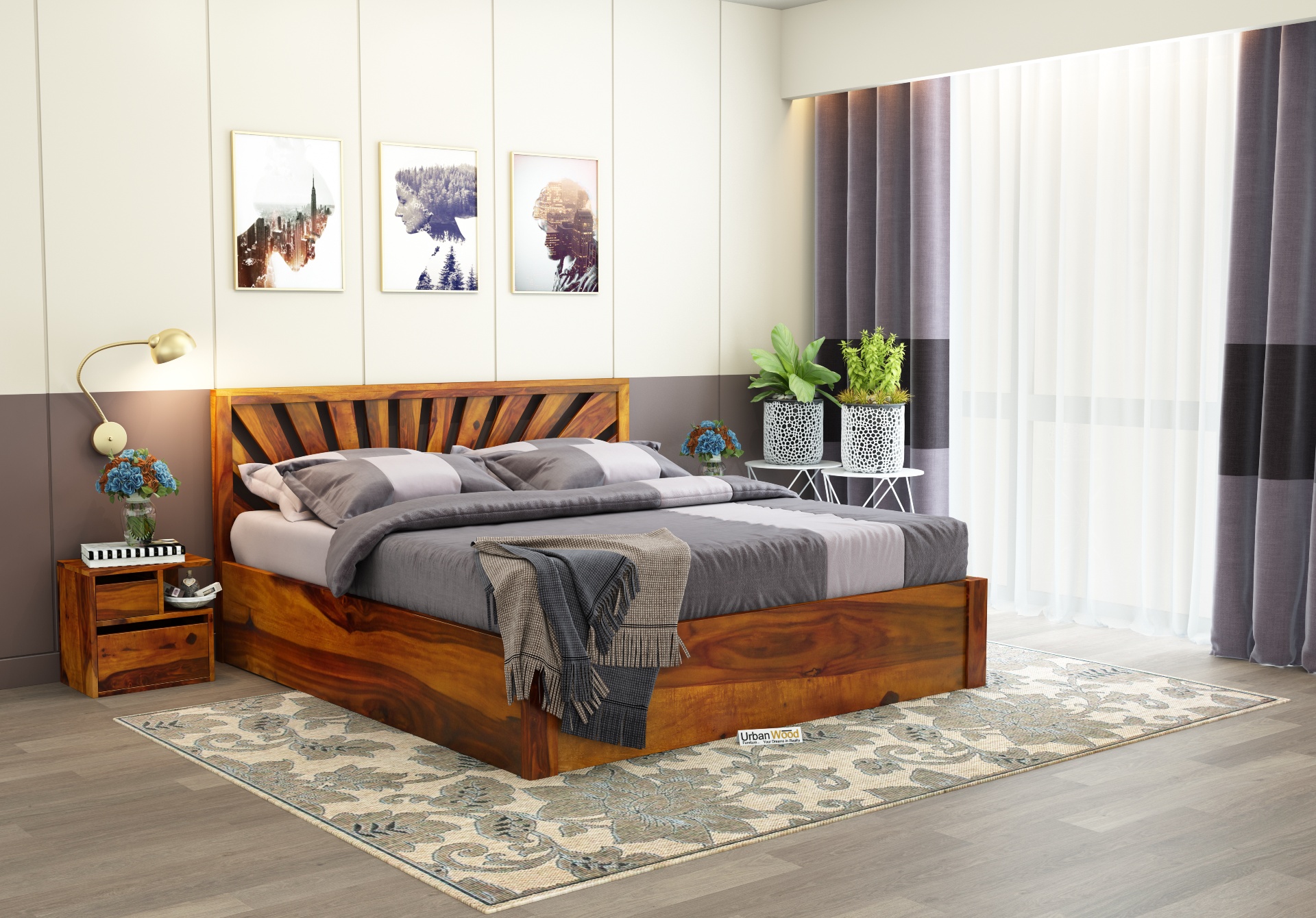 Jerry Wooden Hydraulic Bed King Size (Honey Finish)
