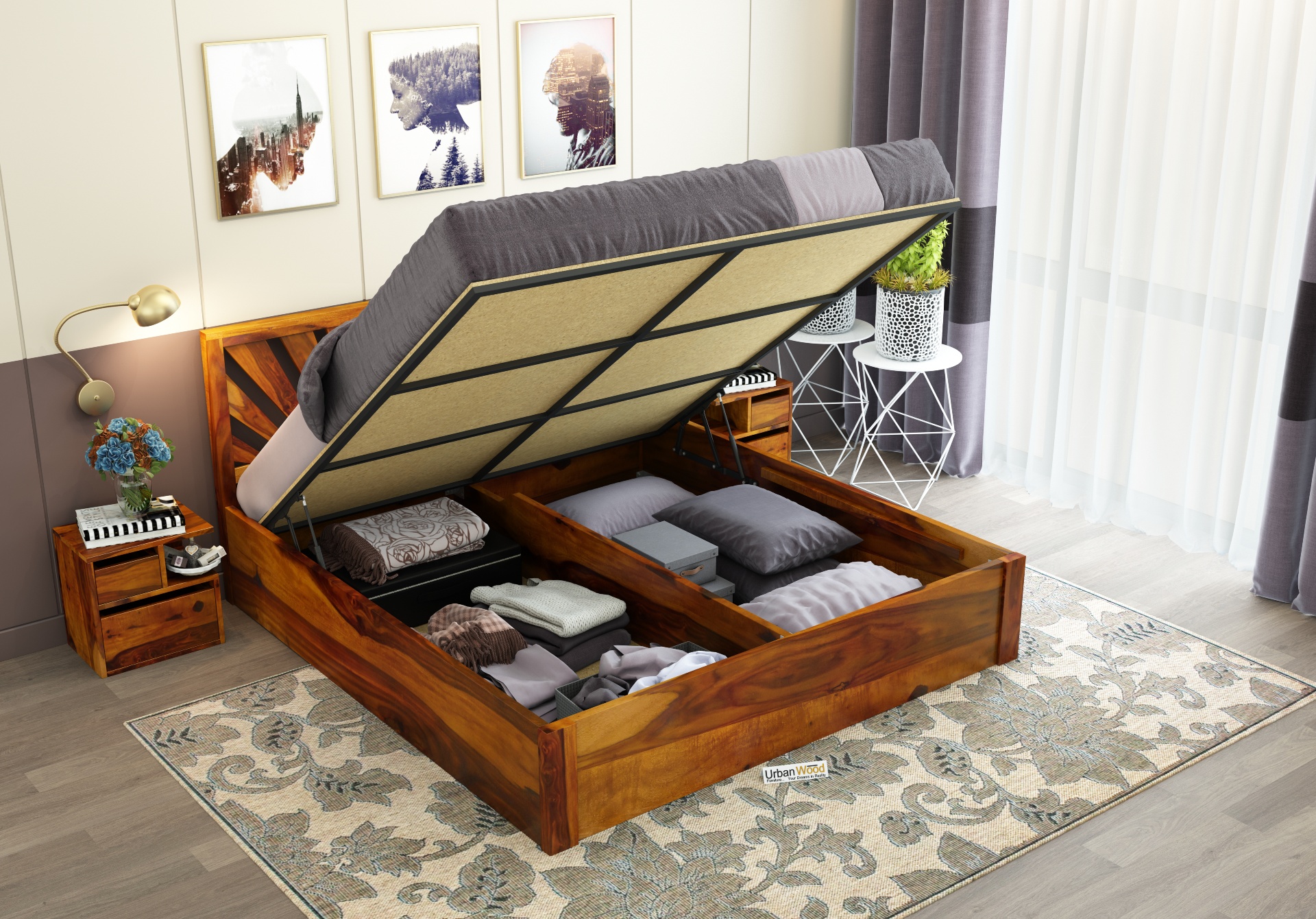 Jerry Wooden Hydraulic Bed Queen Size <small>(Honey Finish)</small>