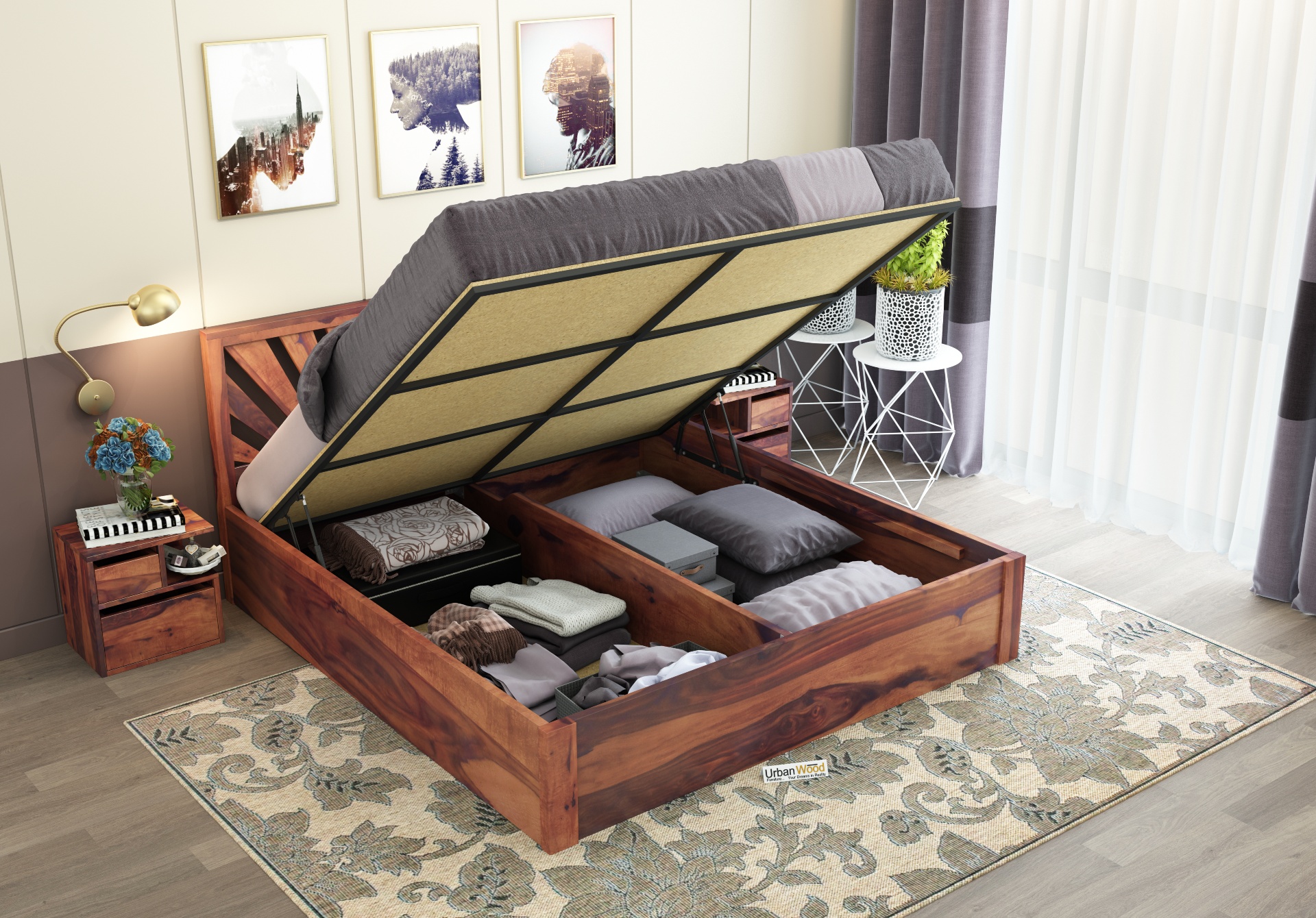 Jerry Wooden Hydraulic Bed Queen Size <small>(Teak Finish)</small>