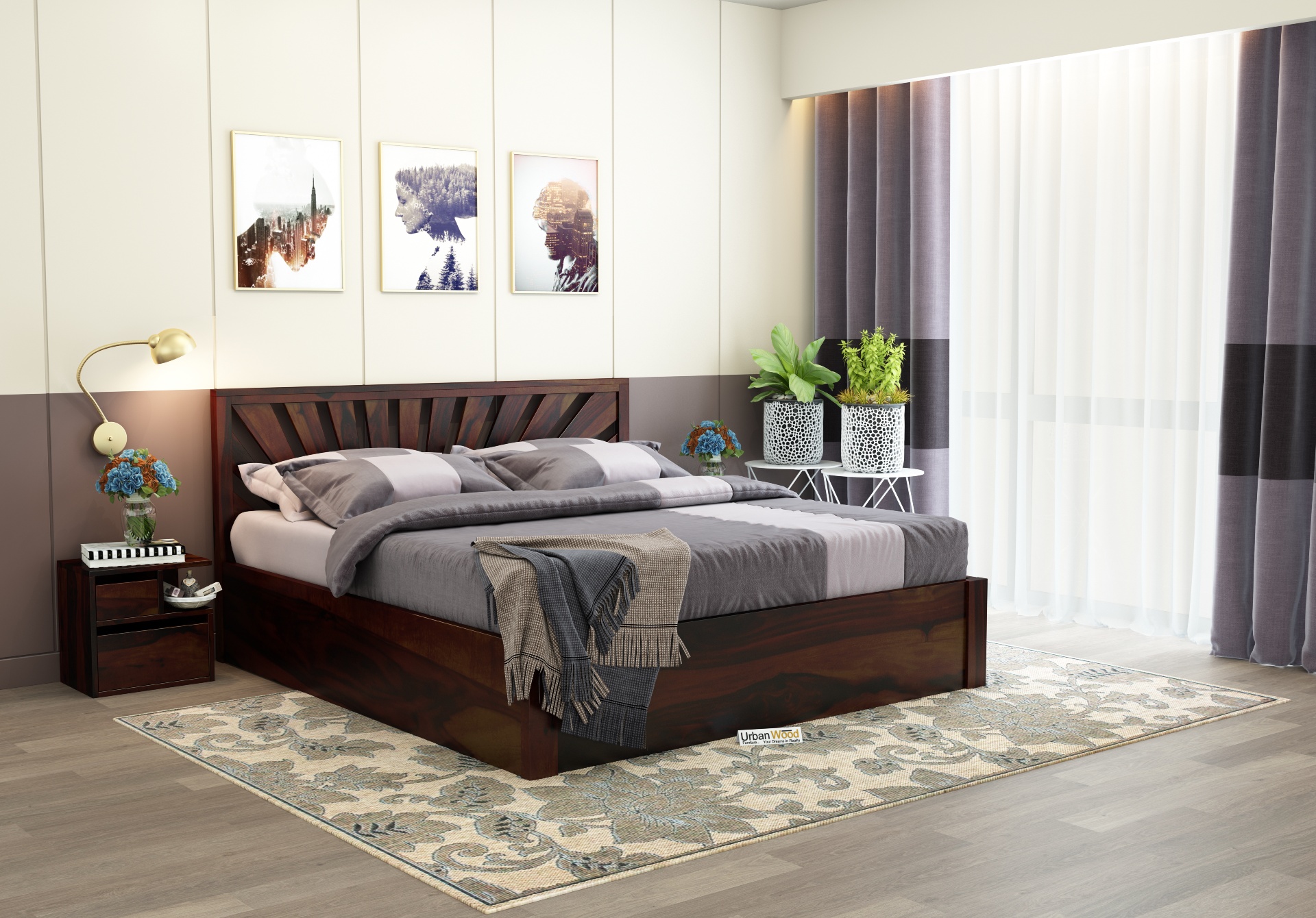 Jerry Wooden Hydraulic Bed King Size (Walnut Finish)