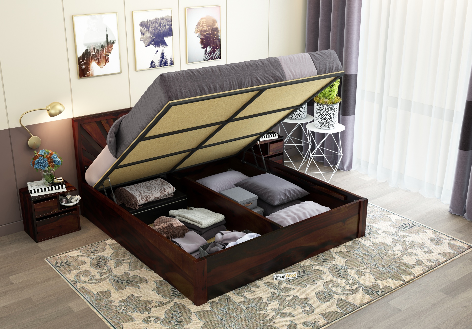 Jerry Wooden Hydraulic Bed Queen Size <small>(Walnut Finish)</small>