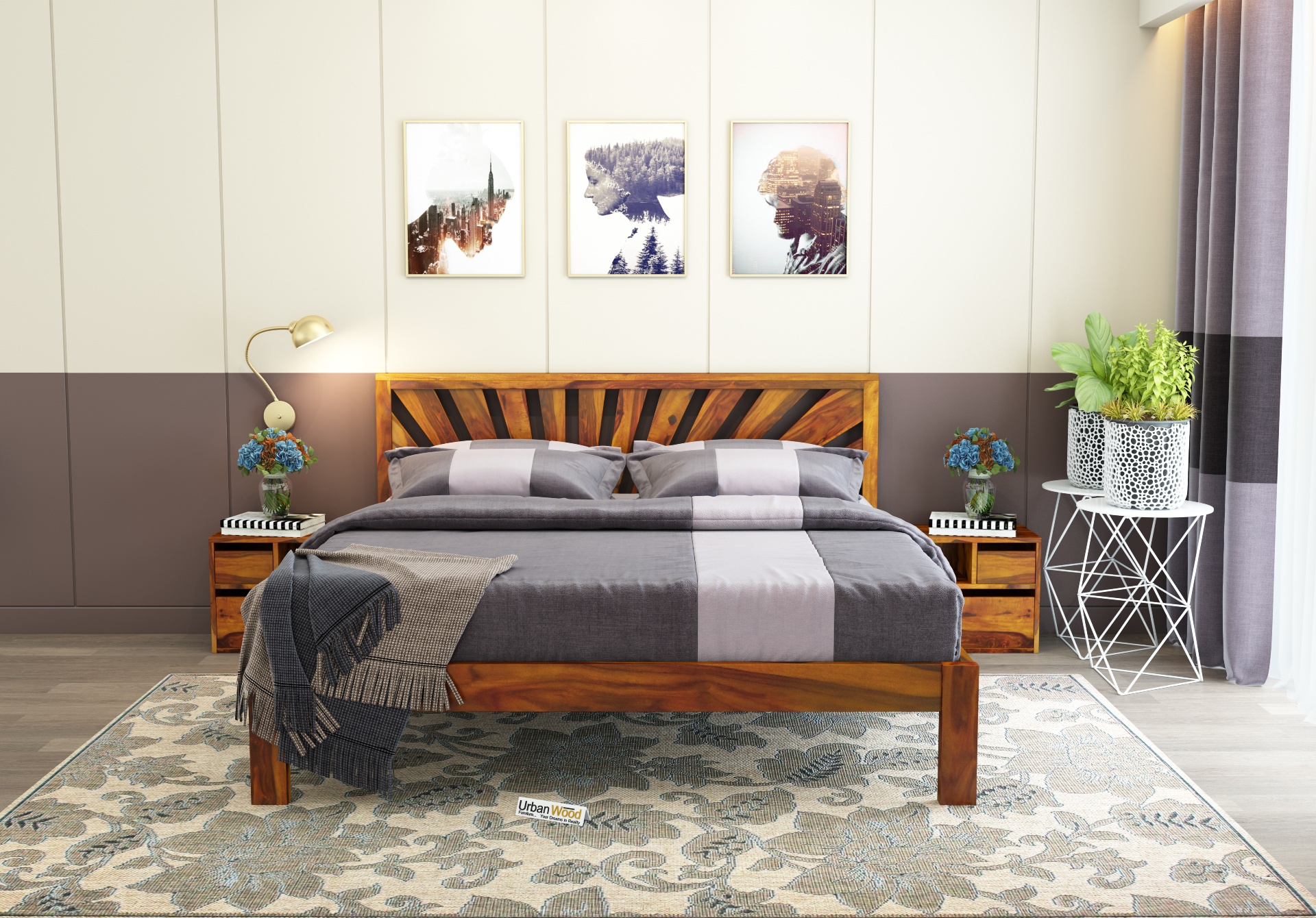 Jerry Wooden Bed Without storage Queen Size <small>(Honey Finish)</small>
