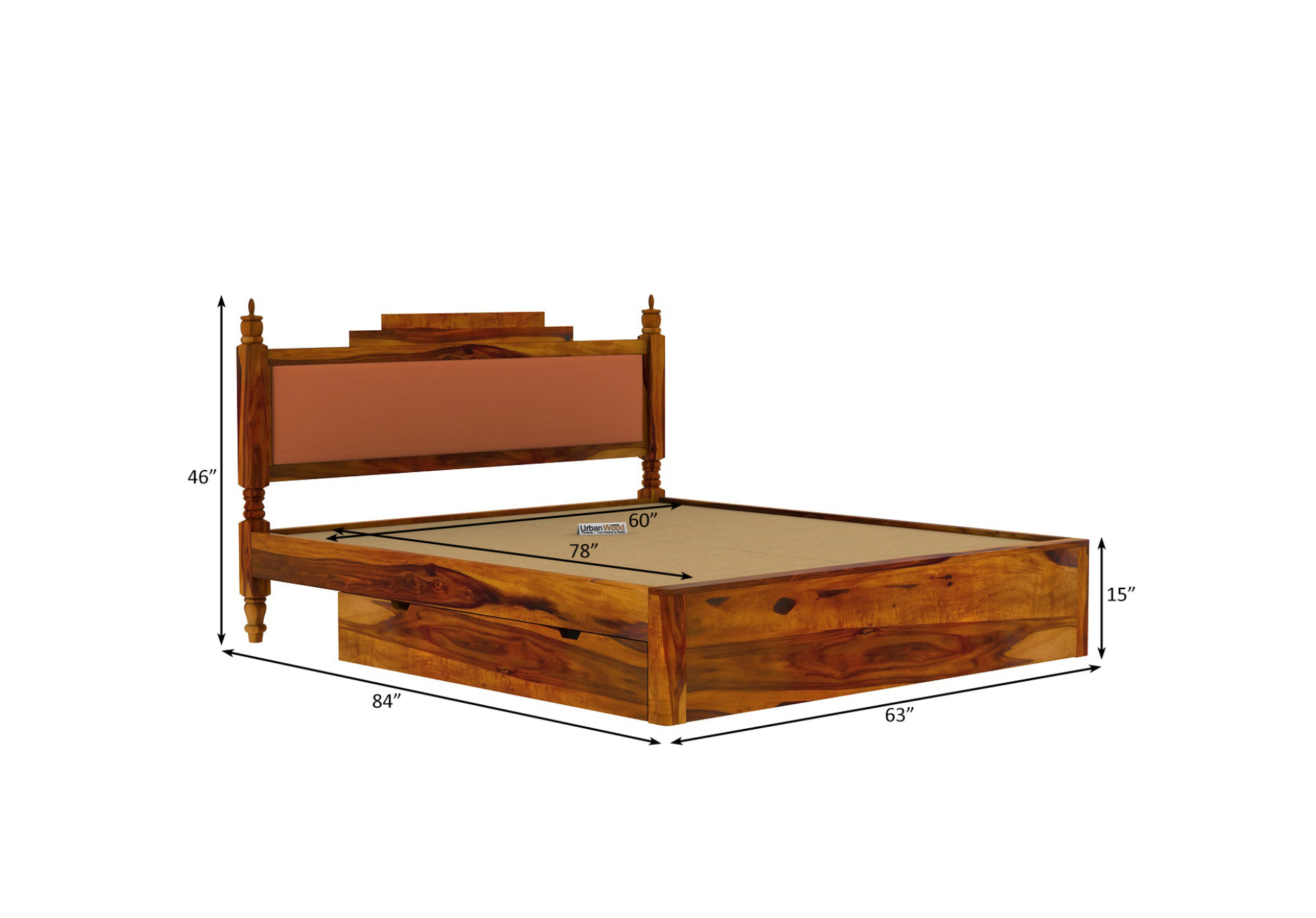 Jodhpuri Drawer Storage Bed (Queen Size, Honey Finish)