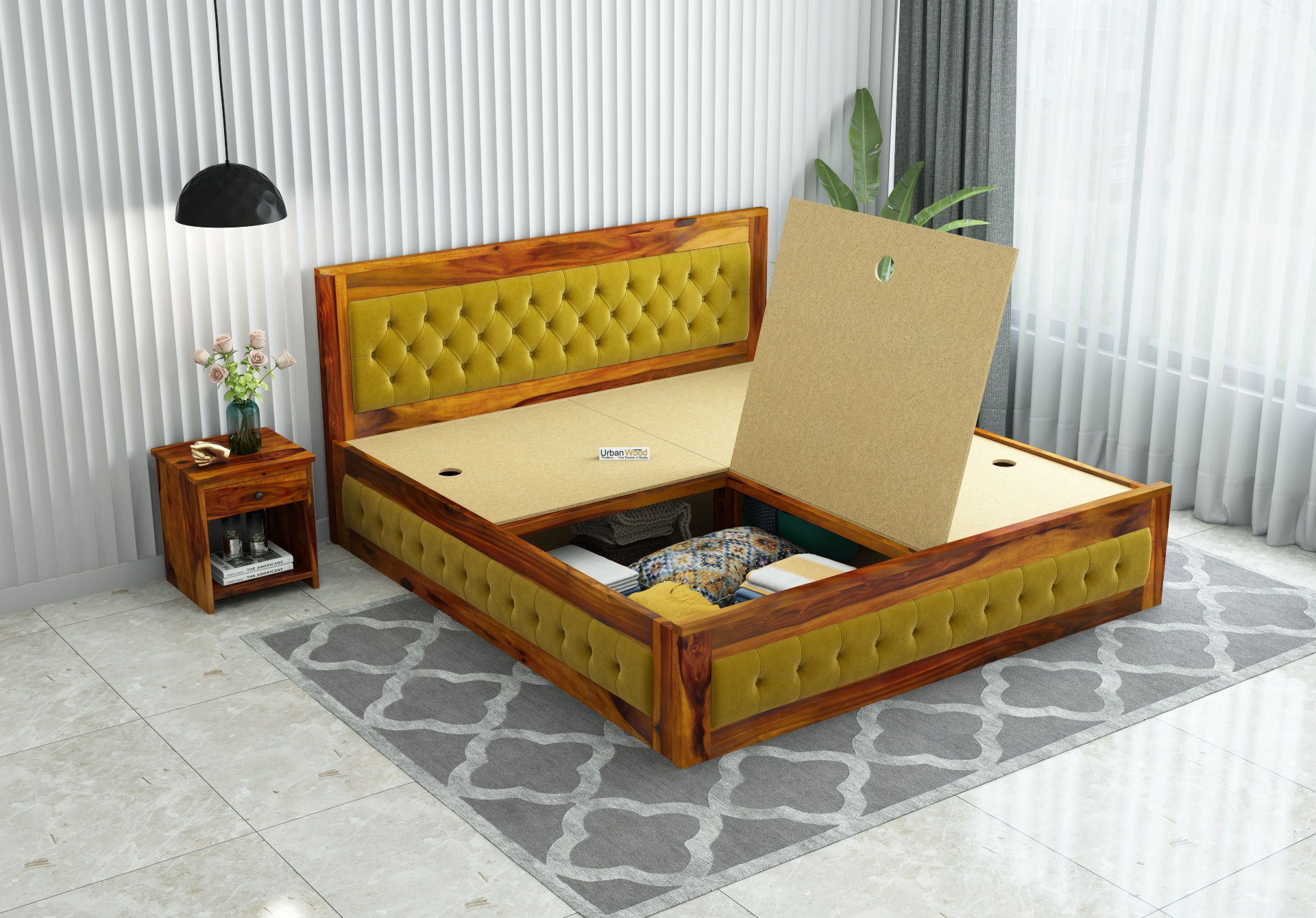 Jolly Wooden Bed with Box Storage ( King Size, Honey Finish )