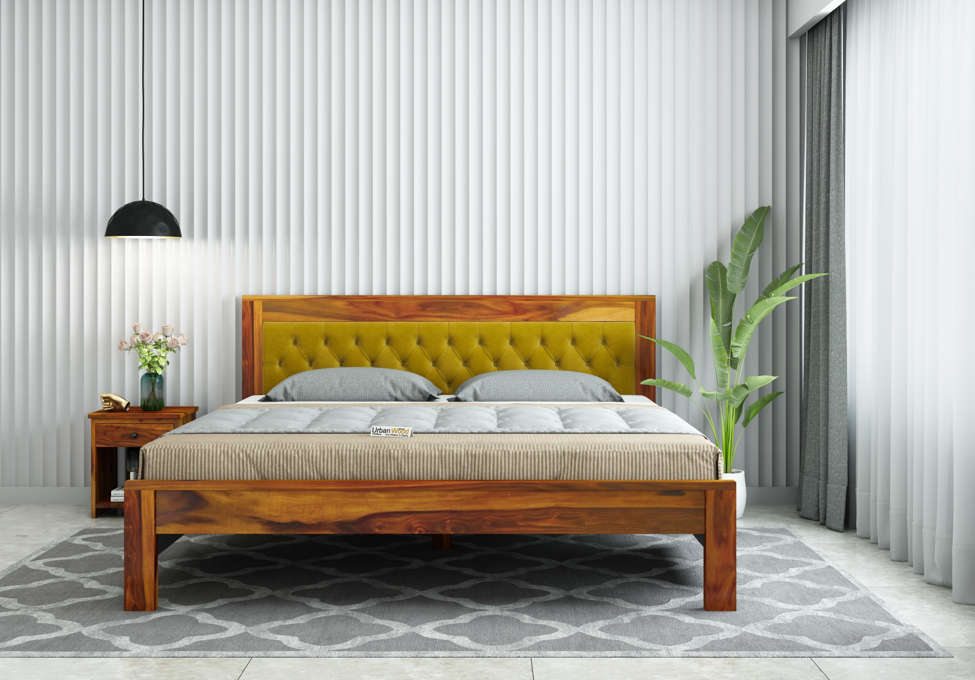 Jolly Wooden Bed without Storage ( King Size, Honey Finish )