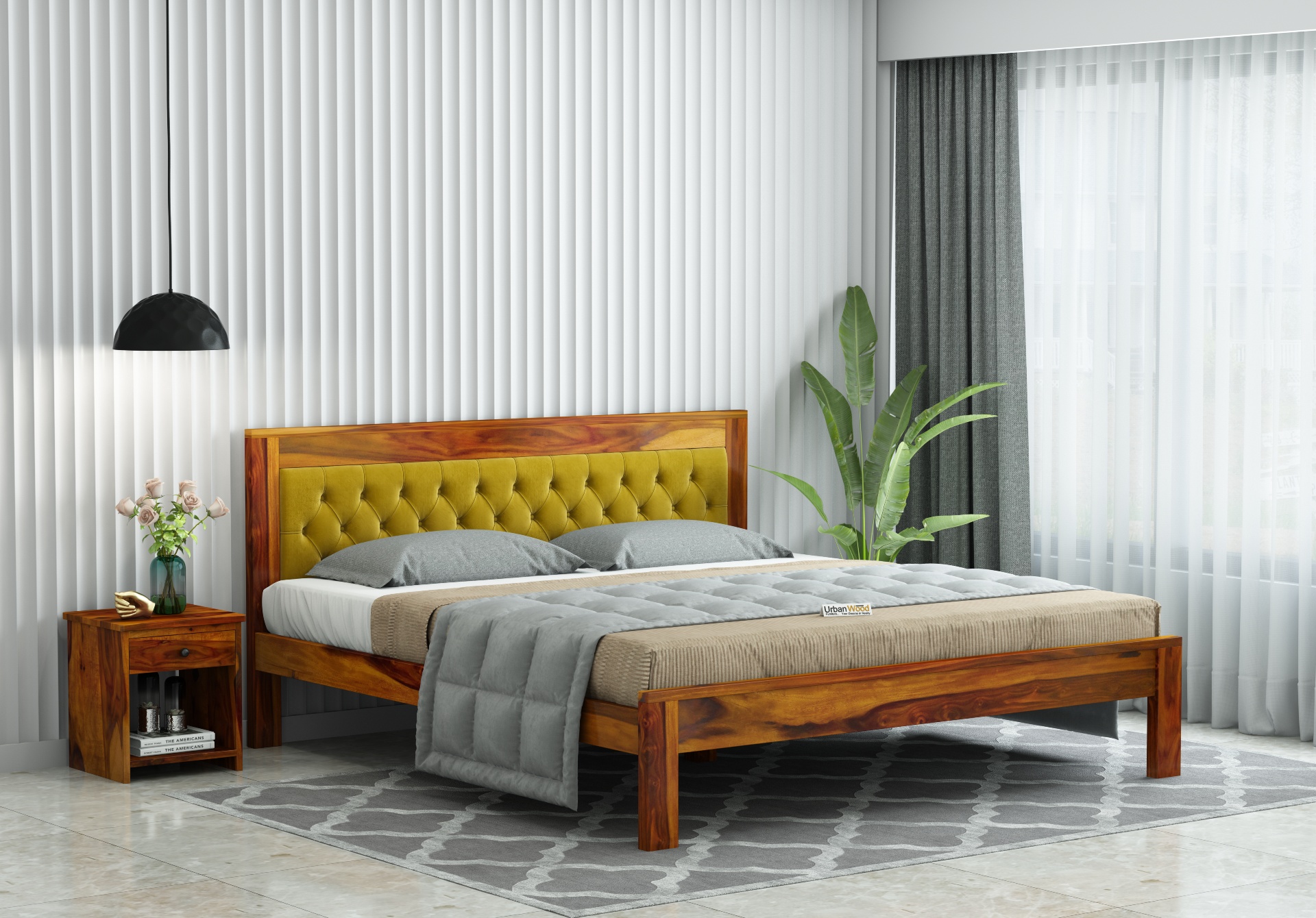 Jolly Wooden Bed without Storage ( Queen Size, Honey Finish )