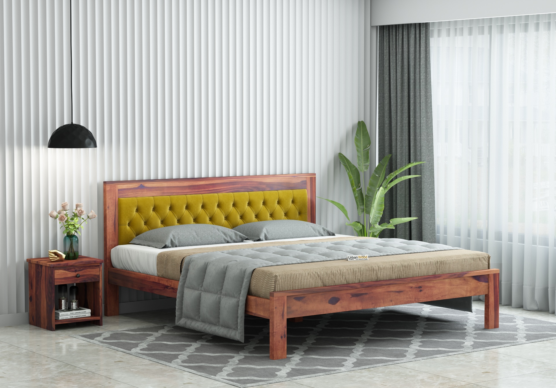 Jolly Wooden Bed without Storage ( Queen Size, Teak Finish )