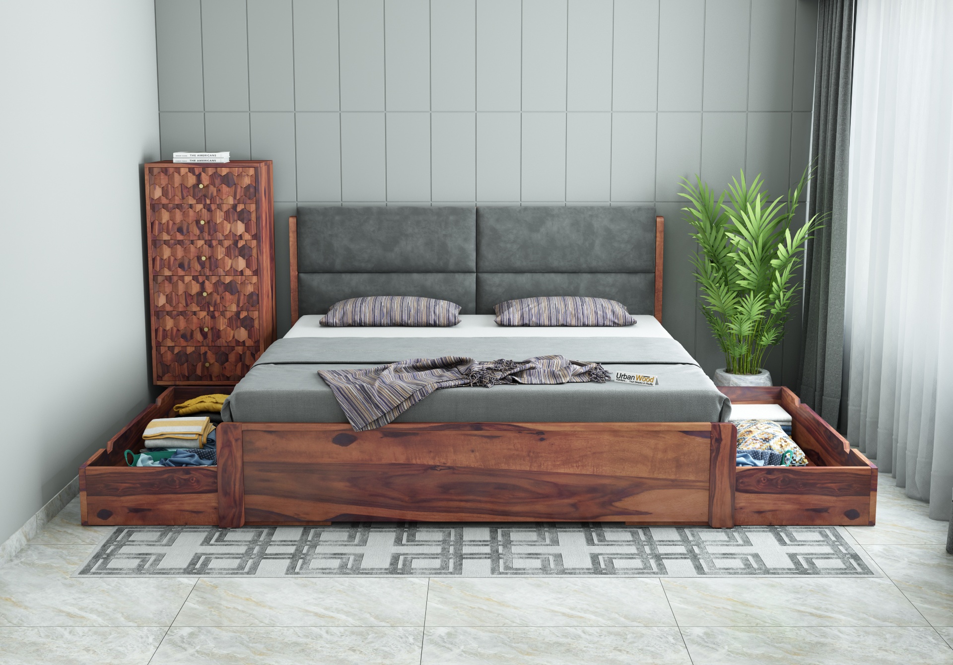 Luxe Urbanwood Exclusive Drawer Storage Bed ( Queen Size, Teak Finish )