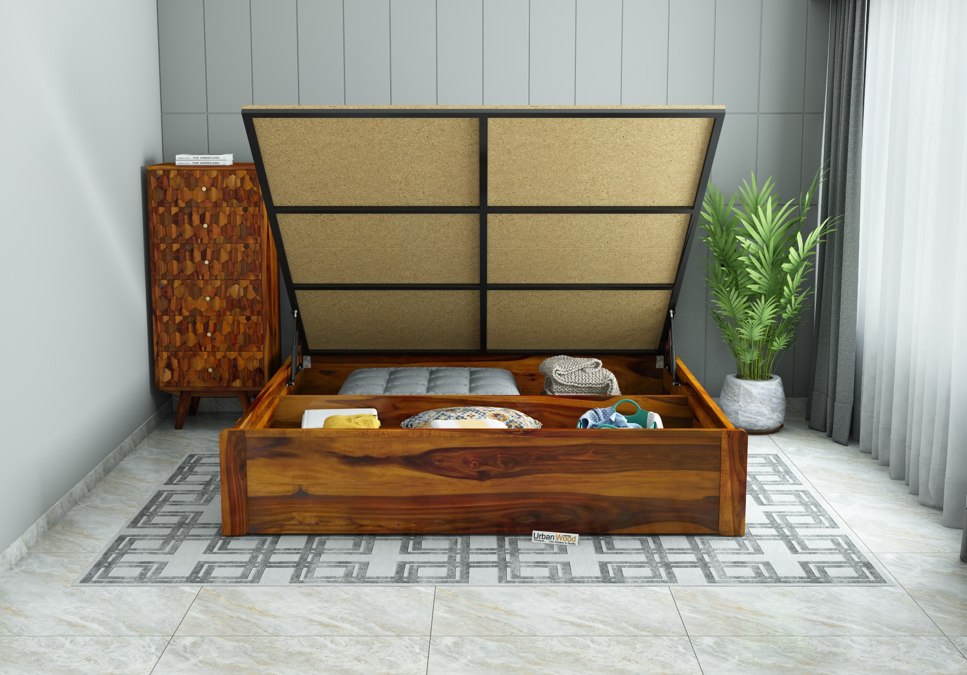 Luxe Urbanwood Exclusive Hydraulic Storage Bed ( Queen Size, Honey Finish )