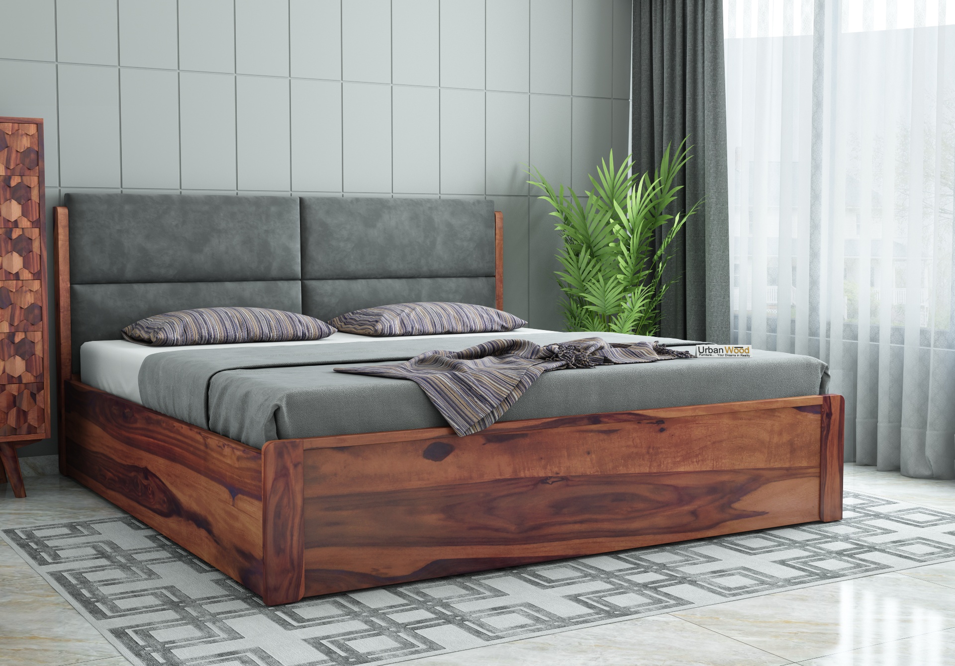 Luxe Urbanwood Exclusive Hydraulic Storage Bed ( King Size, Teak Finish )