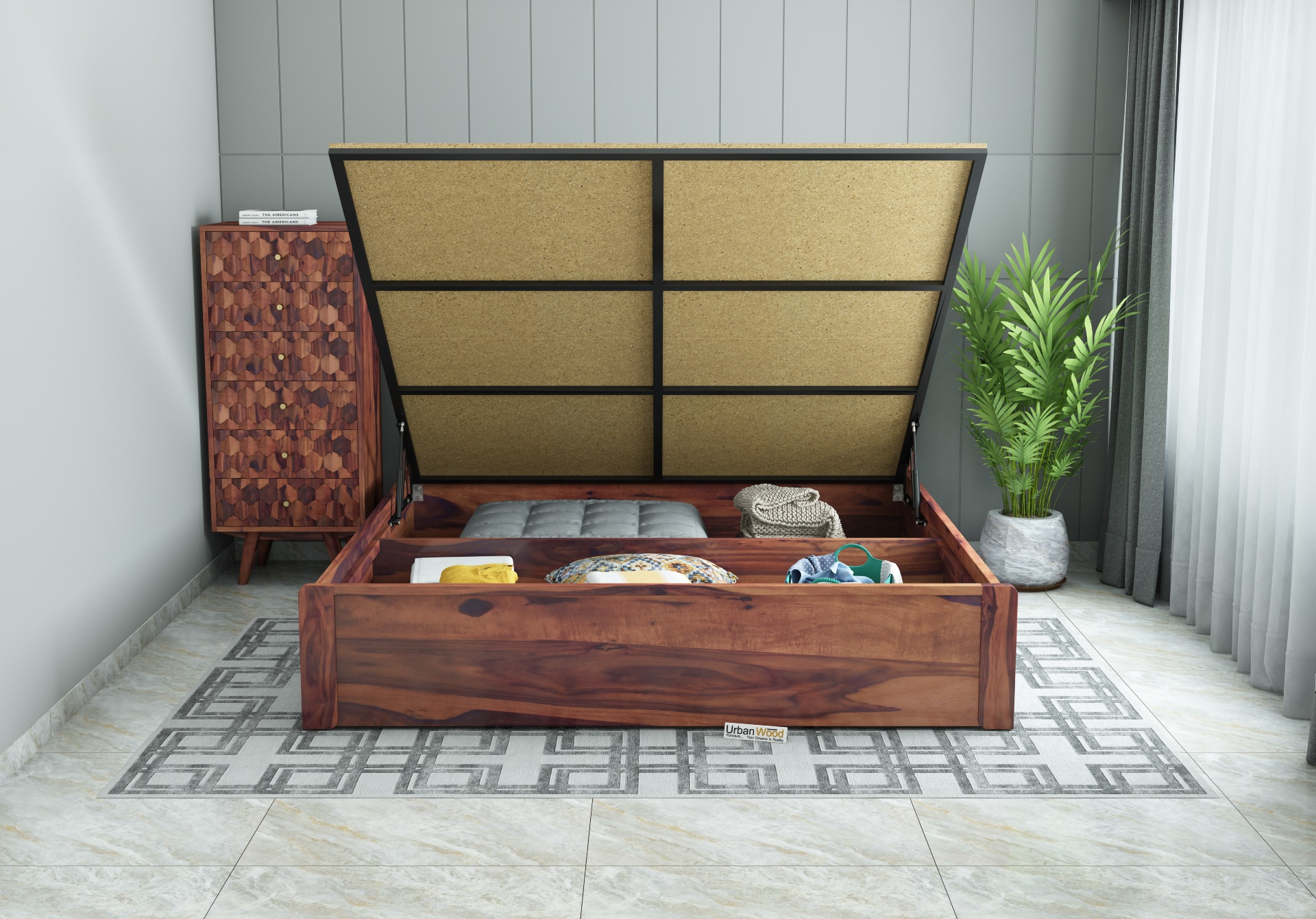 Luxe Urbanwood Exclusive Hydraulic Storage Bed ( Queen Size, Teak Finish )