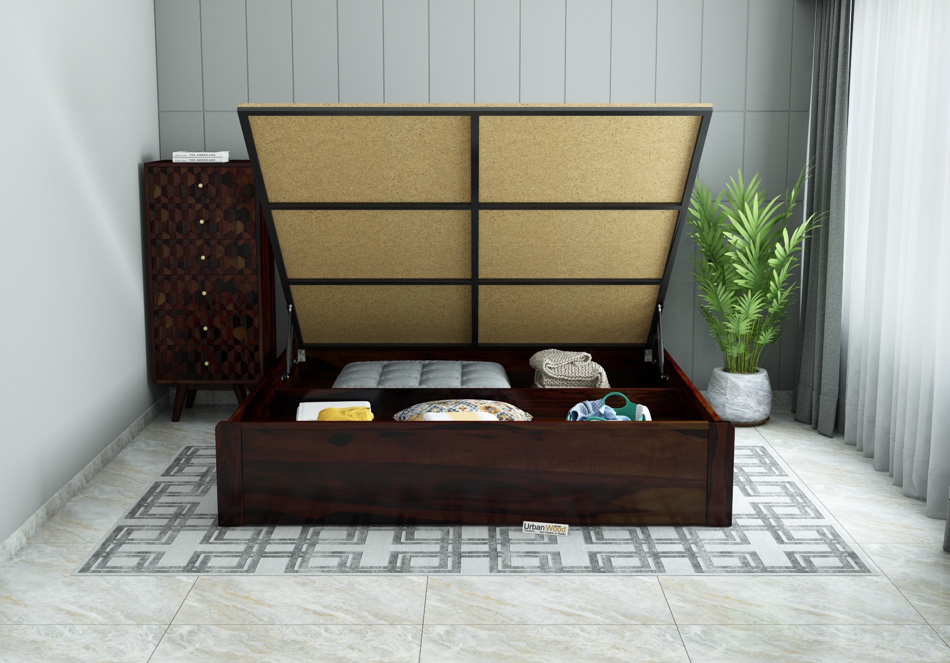 Luxe Urbanwood Exclusive Hydraulic Storage Bed ( King Size, Walnut Finish )
