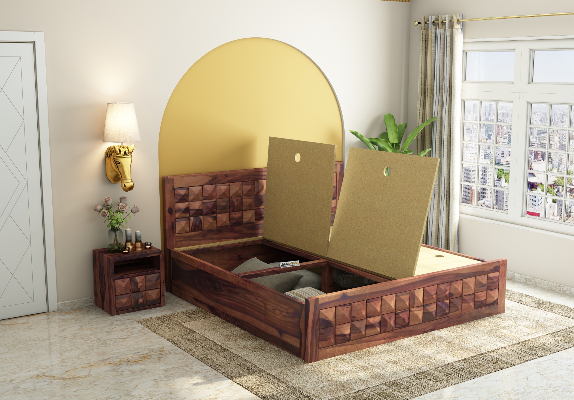 Morgana Box Storage Bed (Queen Size, Teak Finish)