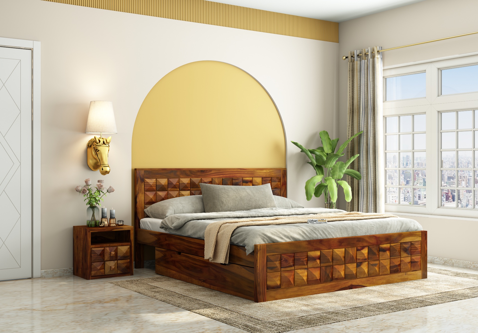 Morgana Bed With Drawer Storage ( King Size, Honey Finish )