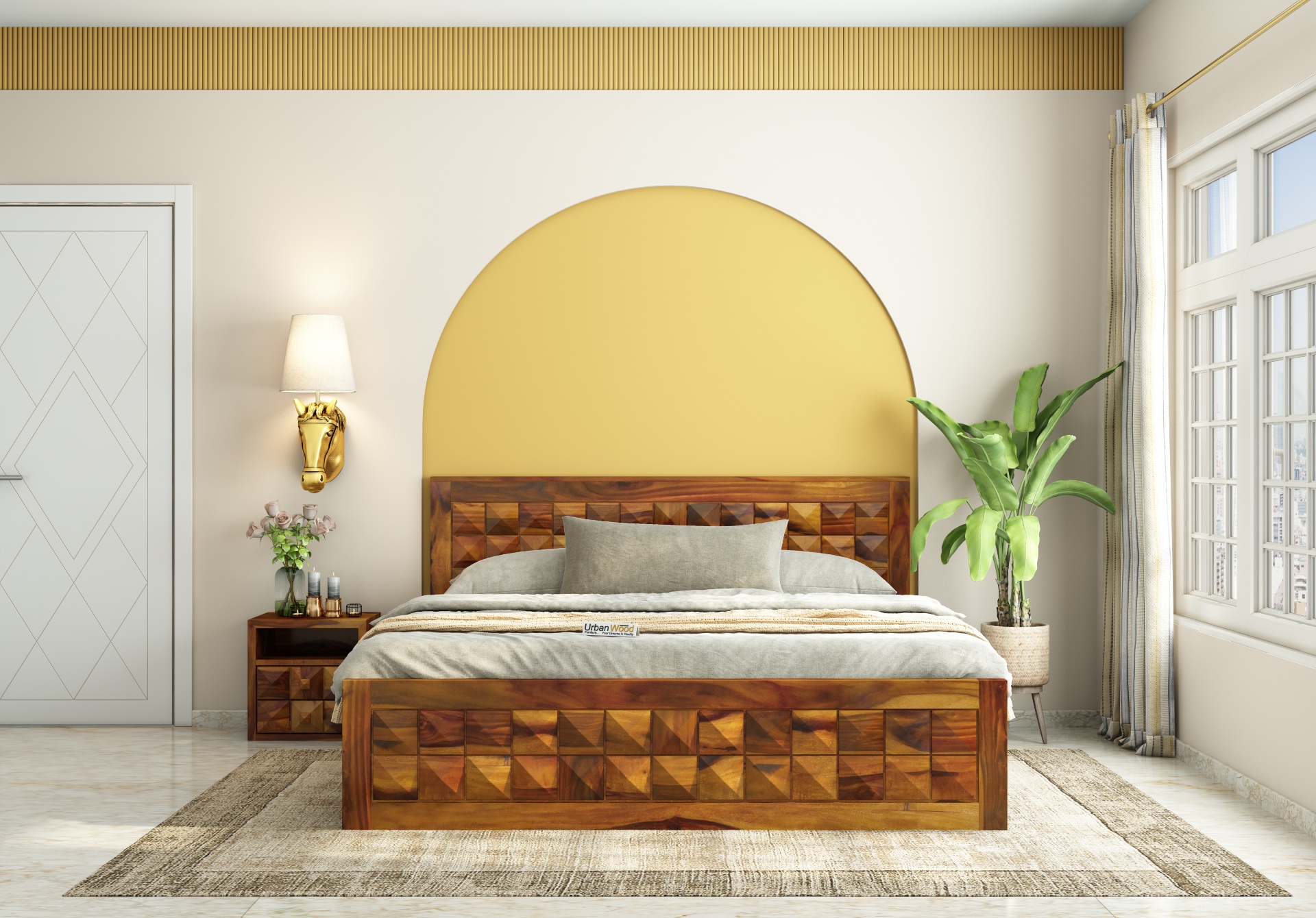 Morgana Hydraulic Storage Bed (Queen Size, Honey Finish)