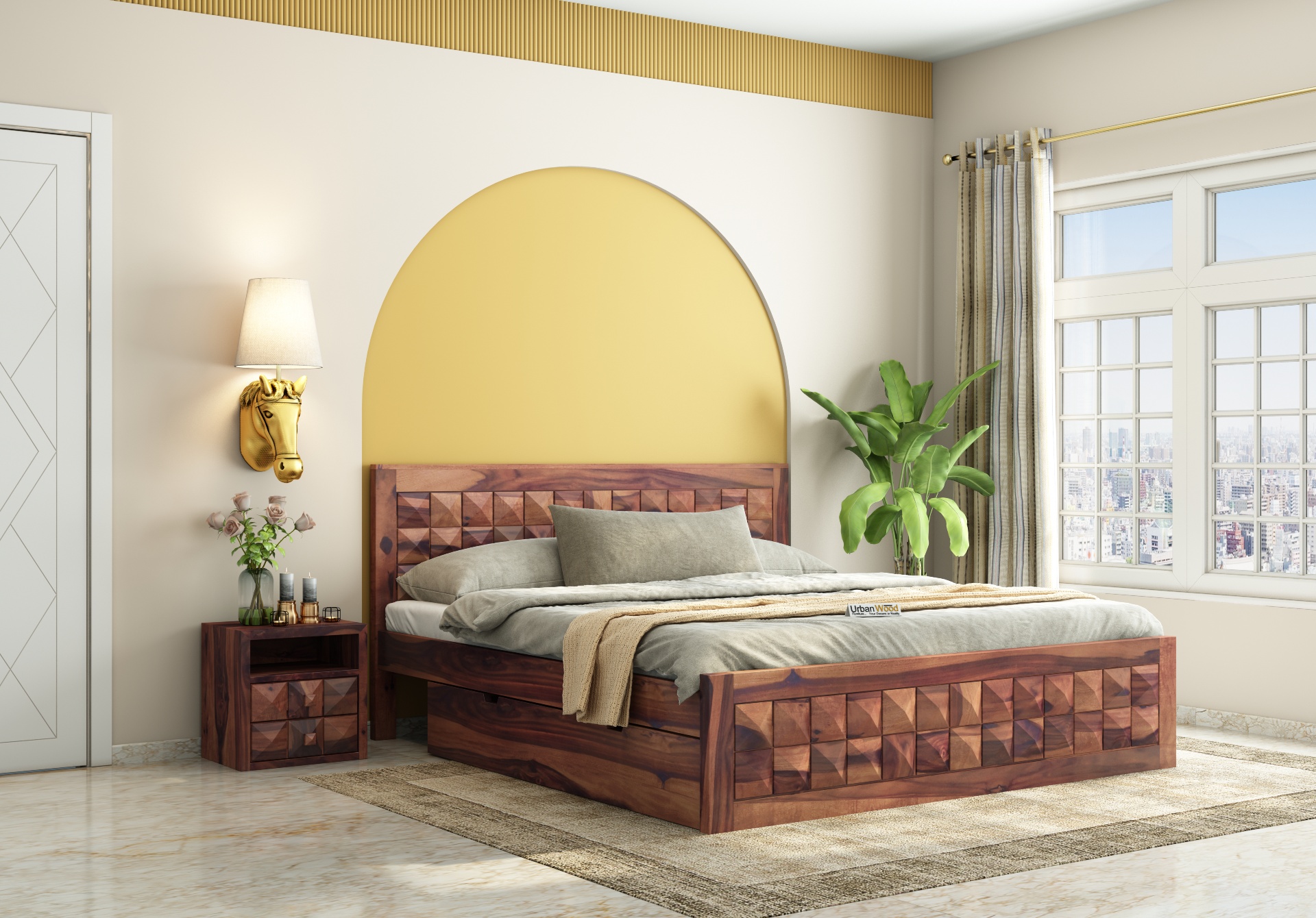 Morgana Bed With Drawer Storage ( King Size, Teak Finish )