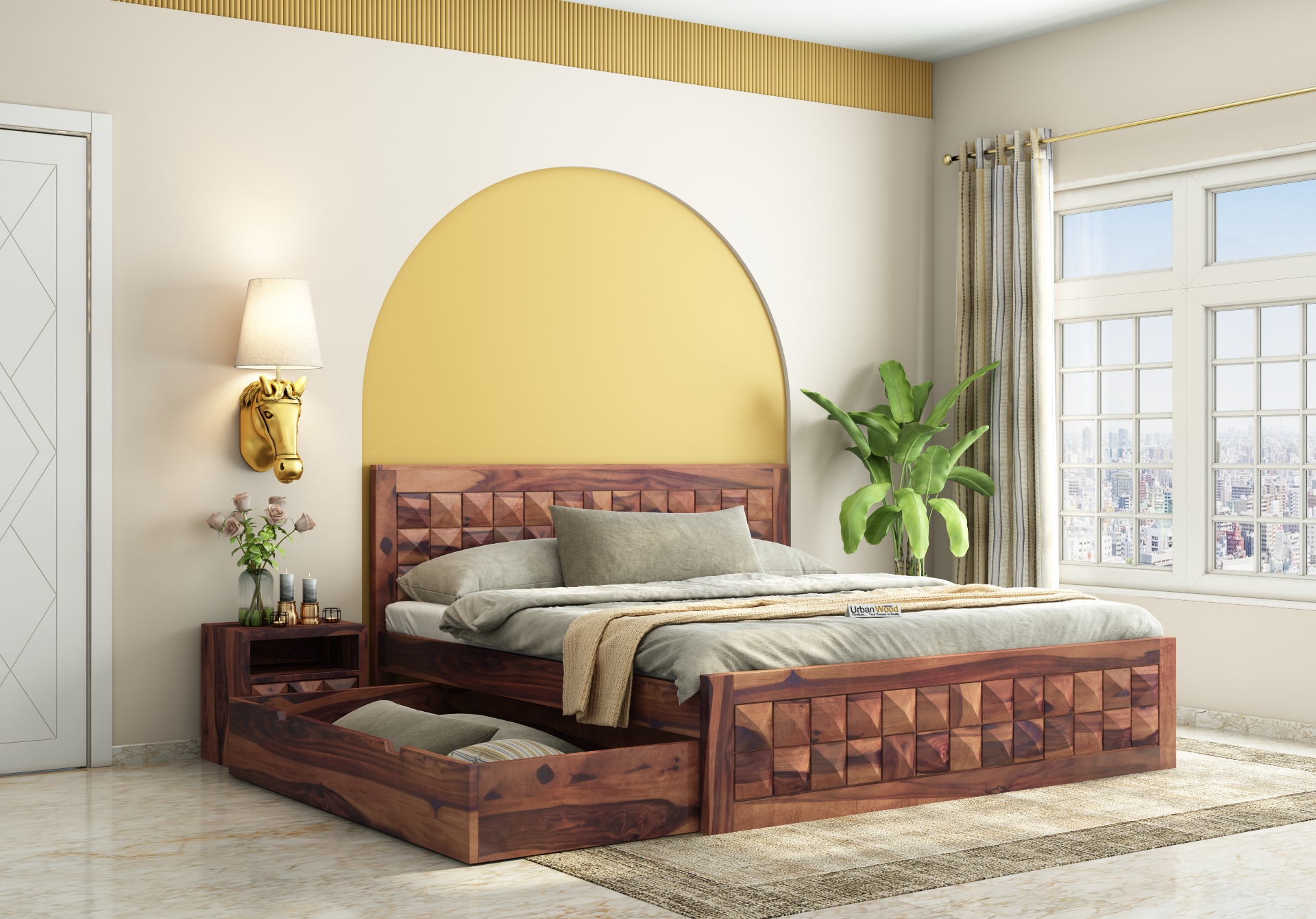 Morgana Bed With Drawer Storage ( Queen Size, Teak Finish )