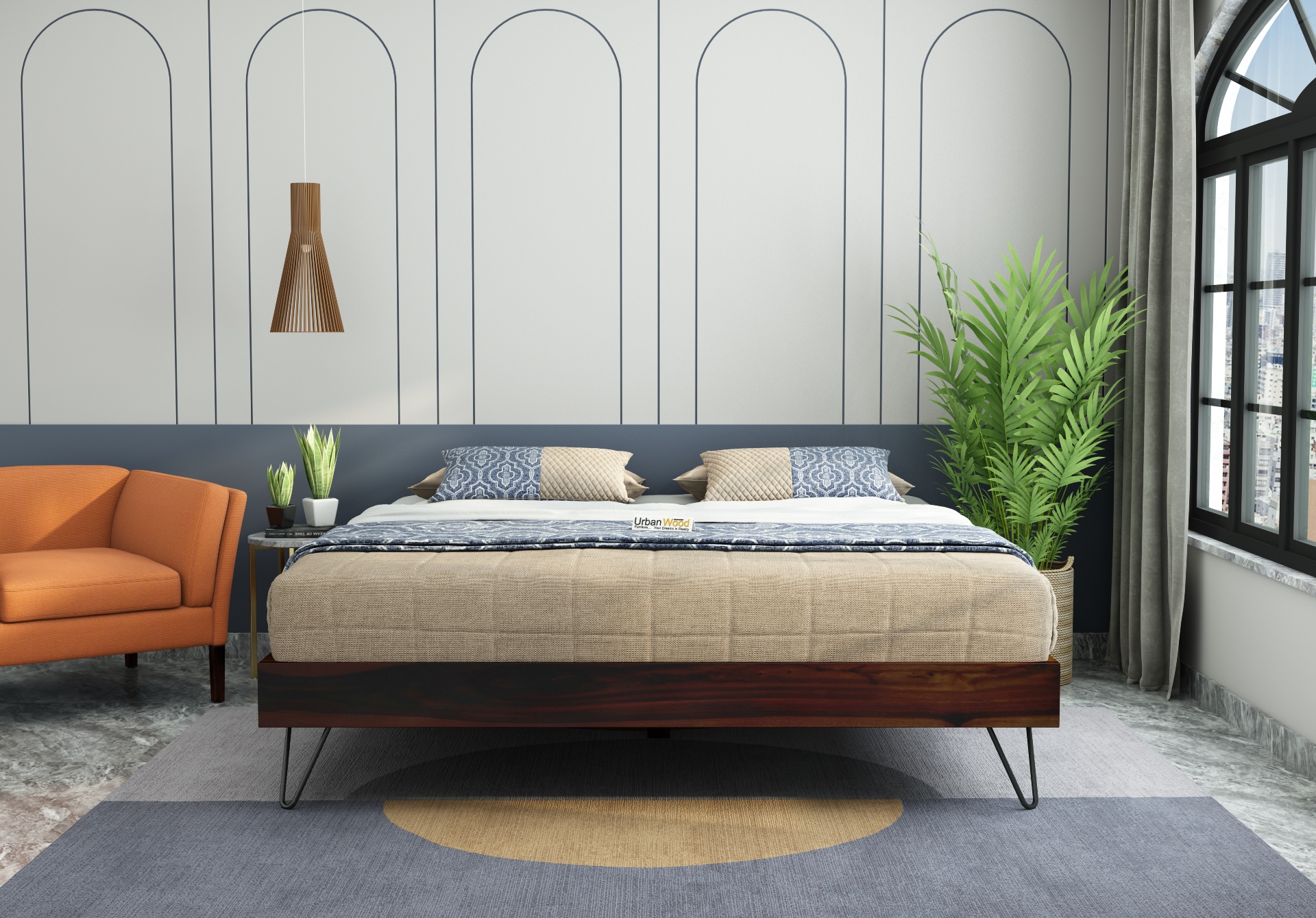 Canvas Platform Bed ( King size, Walnut Finish )