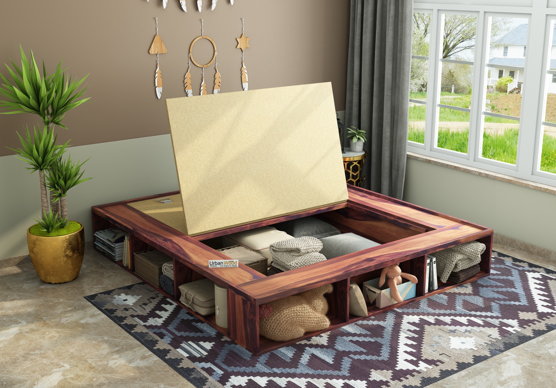 Hugo Low Floor Bed ( Queen Size, Teak Finish )